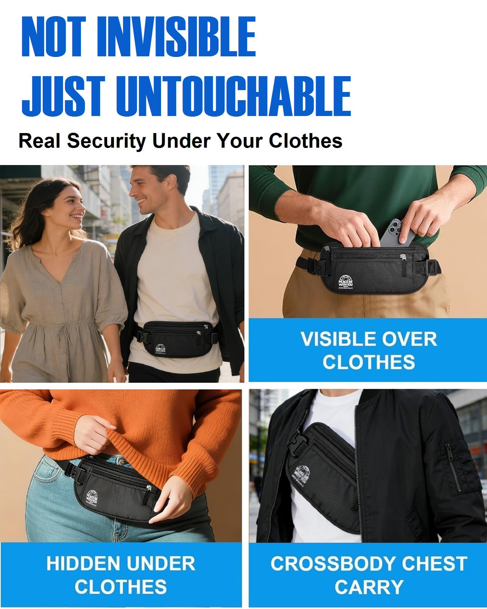 Money Belt for Travel, Passport Holder, RFID Blocking, Sweat-Proof, Black