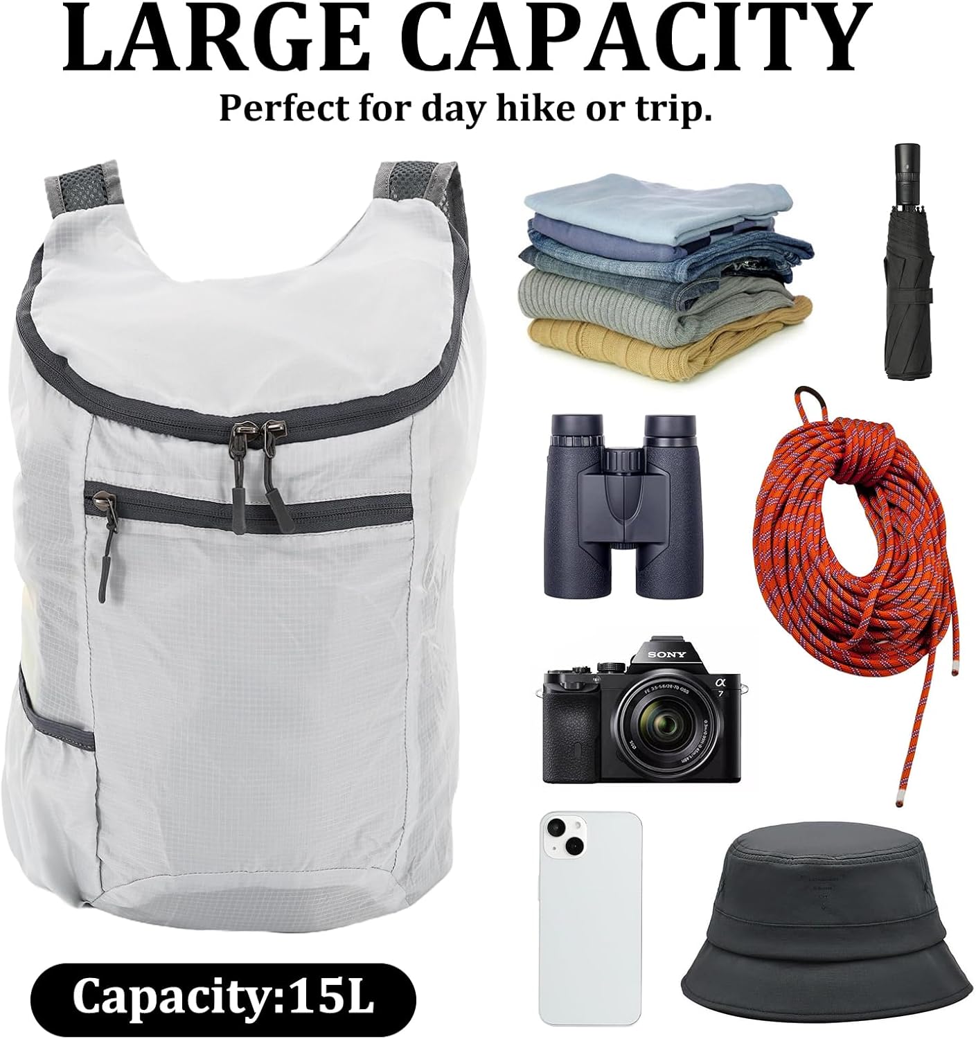 Ultralight Foldable Backpack & Hiking Backpack - Multipurpose Small Back pack for Women, Men, Hiking, Camping, Daily Use (Gray)