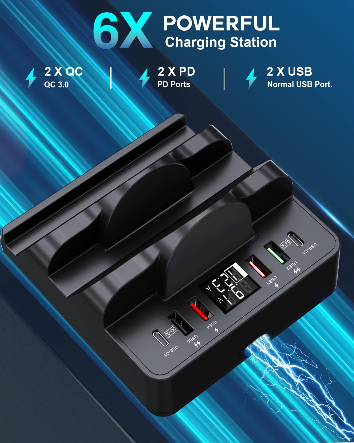 Wireless Charging Station with 6 USB Ports, 8 in 1 15W Dual Wireless Charger Station, 2 QC/2 PD USB Fast Charging Station, 80W Phone Charger for iPhone14/13/12/11/X/Samsung/Android/iWatch