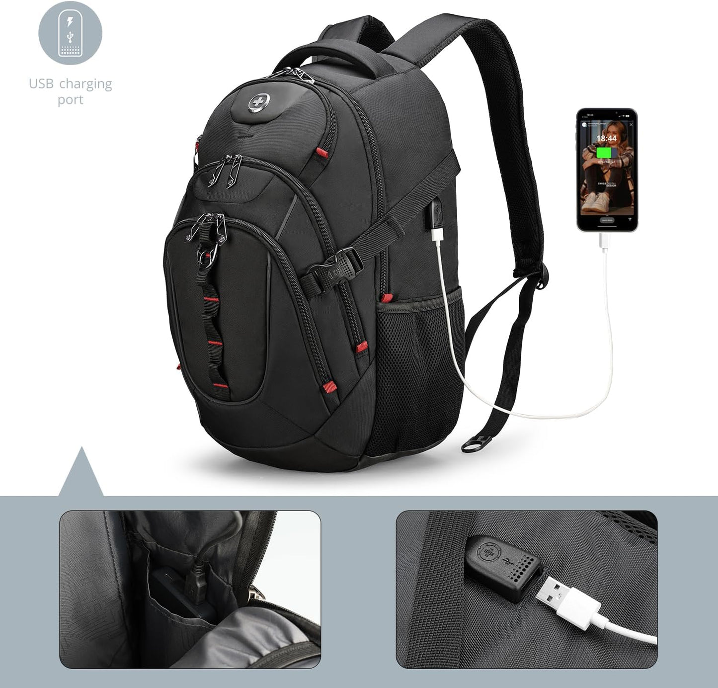 Swissdigital Design Travel Backpack for Men with Apple Find My, Laptop Backpack with USB Charging Port, RFID Protection, Add-A-Bag System - Travel Backpack for Men-Finder Color Random