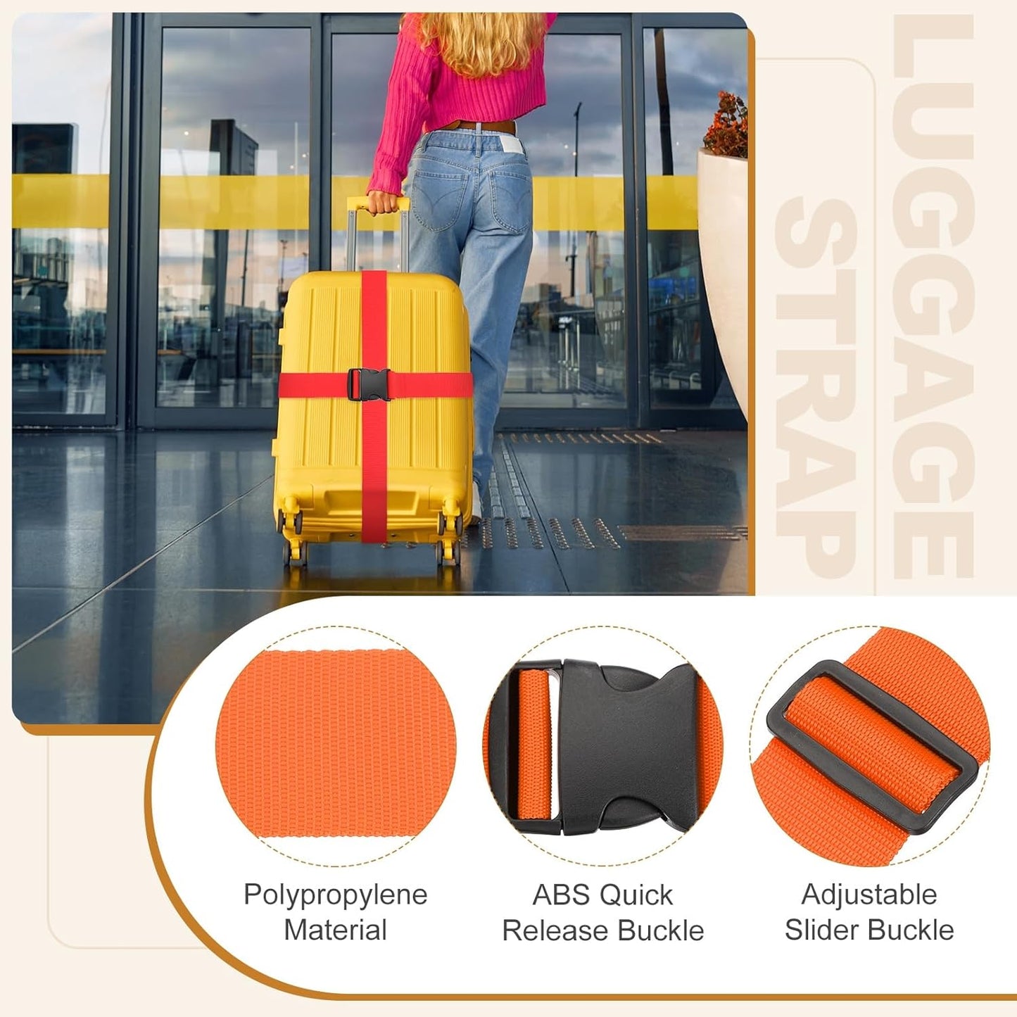 MECCANIXITY Luggage Straps with Quick-Release Buckle Adjustable Suitcase Belt Strap for Suitcase Briefcase Backpack Travel, Orange-Red, Pack of 4