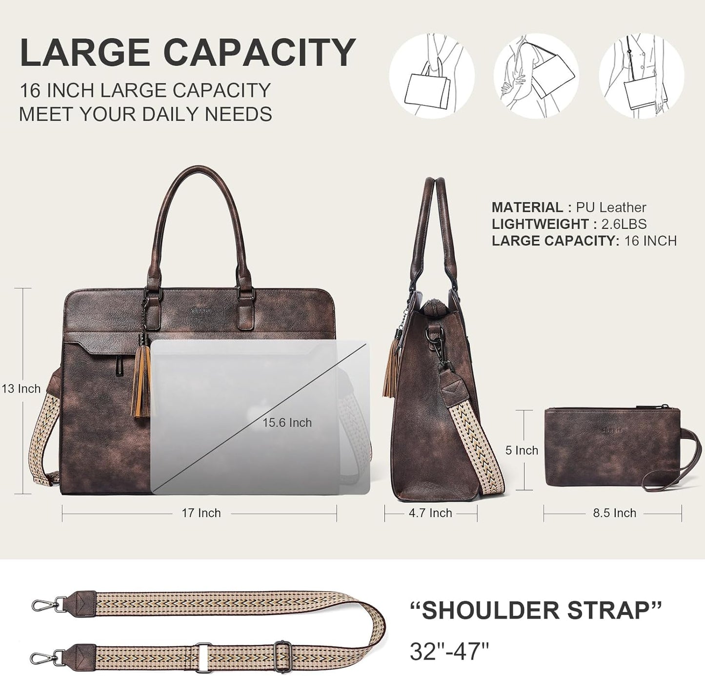 Shrrie 15.6 inches Laptop Bag for Women,Water-Resistant Work Bag Laptop Tote Bag,Briefcase with Satchel Purse