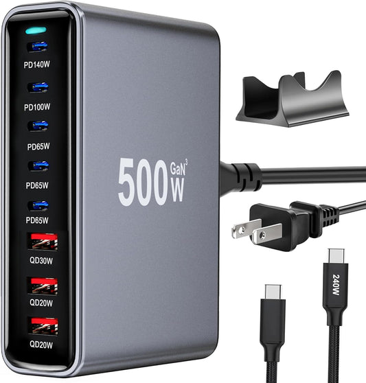 500W USB C Fast Charger Block, 8 Port USB Charging Station, GaN Ⅲ Pro Double 140W PD PPS Port Fast Charging Station for Multiple Devices,Laptop Wall Charger Compatible with iPhone 17/iPad/MacBook etc