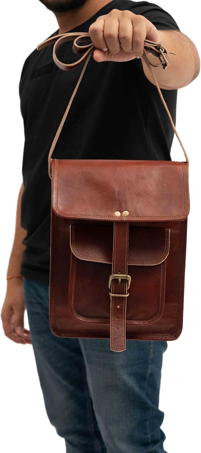 11" Brown Small Leather Messenger Bag Shoulder Bag Cross Body Vintage Messenger Bag For Women & Men Satchel Man Purse Compatible With Ipad & Tablet