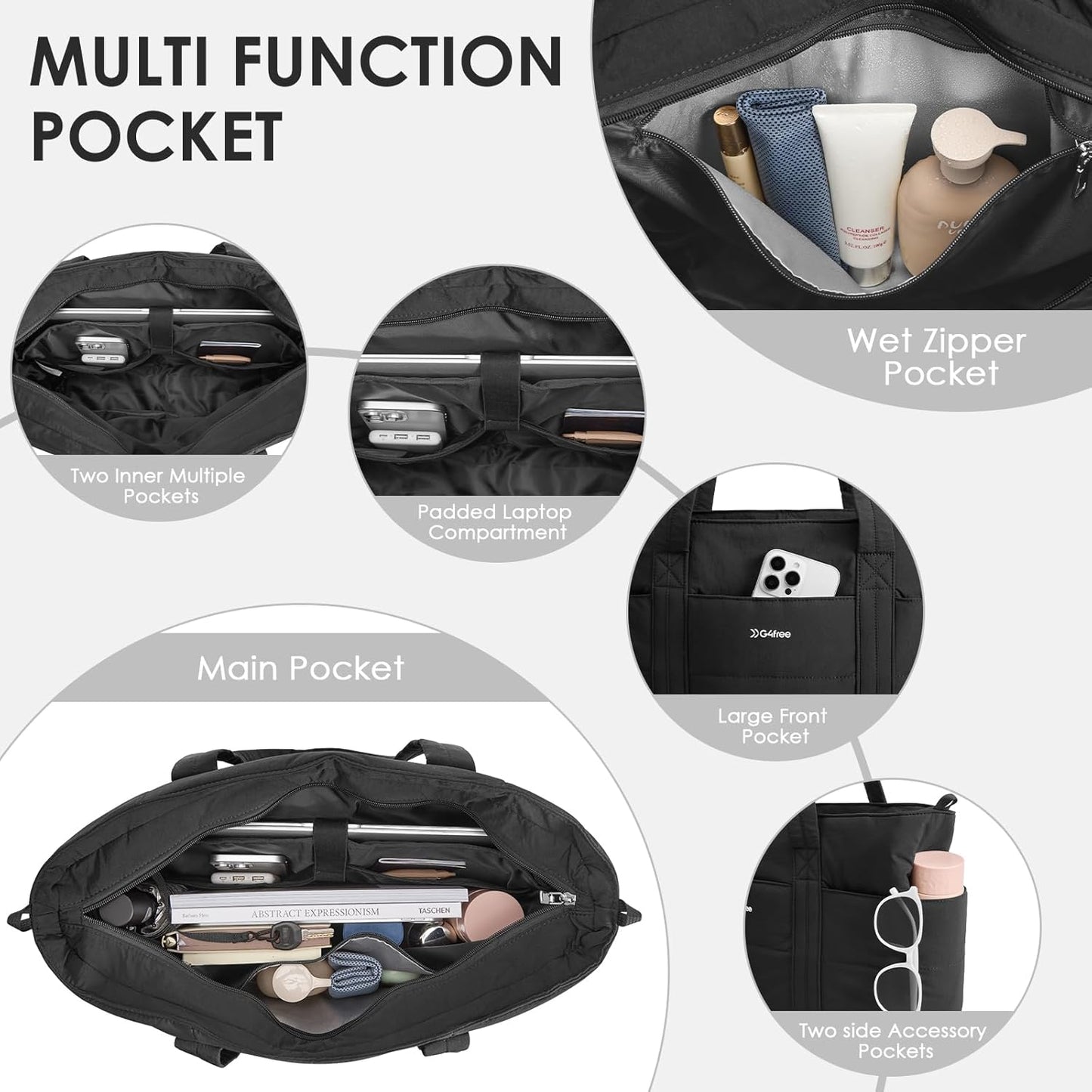 G4Free Tote Bag for Women,Puffer Work Bags with Zipper Compartments, Expandable Handbag for Travel Work Sport