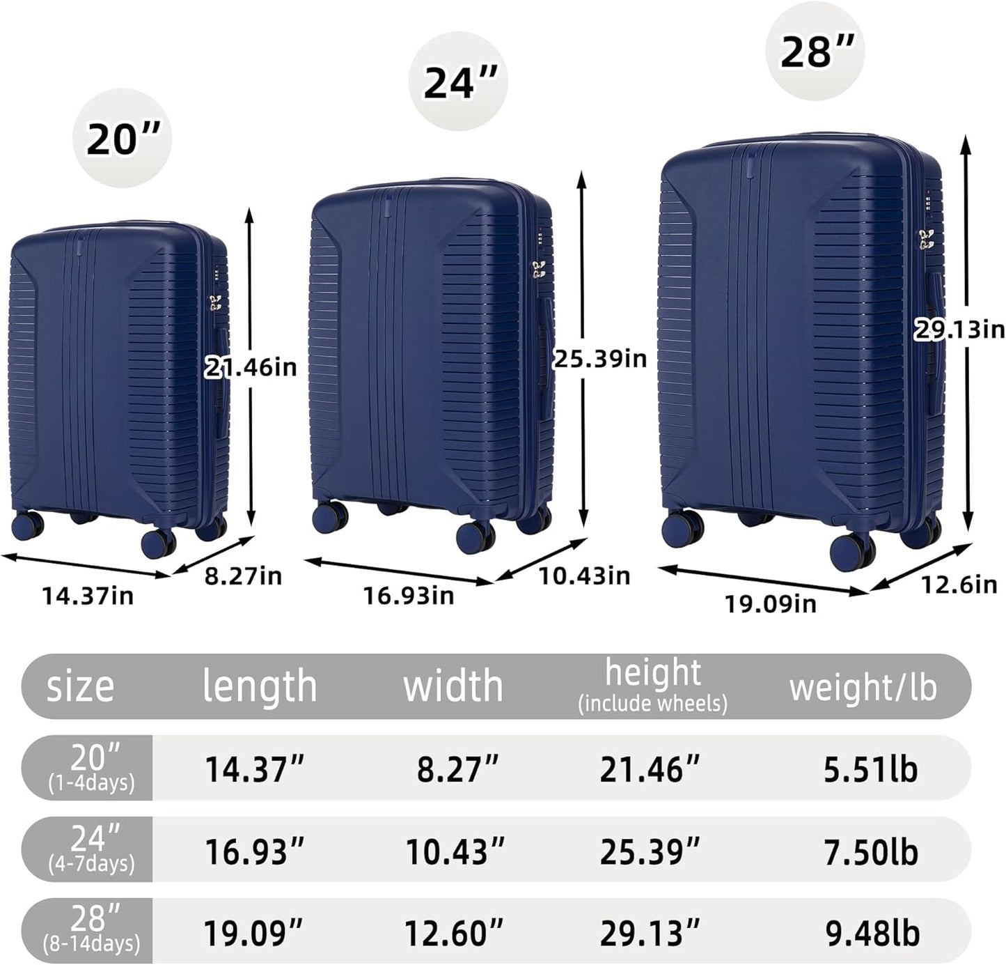 Campfun 3 Piece Luggage Sets, PP Suitcase Set with Double Spinner Wheels Hang Hook, Durable Carry On Luggage with Combination Lock, 20/24/28 inch, Blue