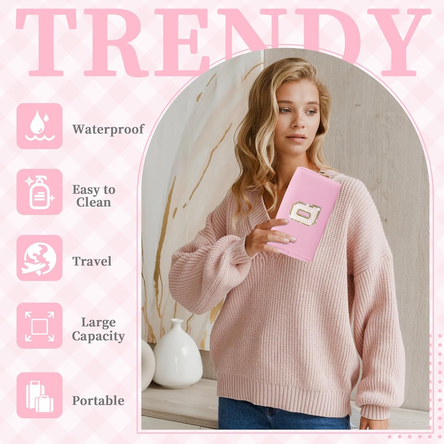 Small Personalized Initial A-Z Patch Makeup Bag,Pink Cute PU Leather Glitter Letter Cosmetic Bag