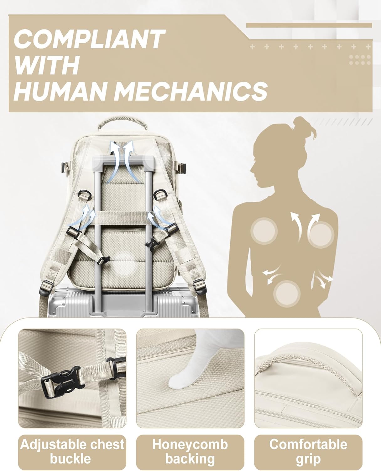 suwasp Vacuum Compression Backpack, 45L Expandable Travel Backpack with Electric Vacpack Pump, Travel Vacuum Bags with Shoe Compartment/17inch Laptop Compartment/USB Port, Beige, Large
