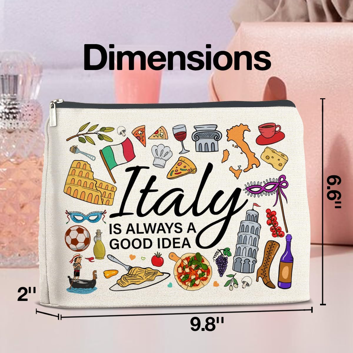 Italy Travel Cosmetic Bag, Multicolor, Waterproof, Zipper Closure, Double-Sided Printing, Rectangular, 9.6"L x 6.7"H, Perfect for Travel and Daily Use