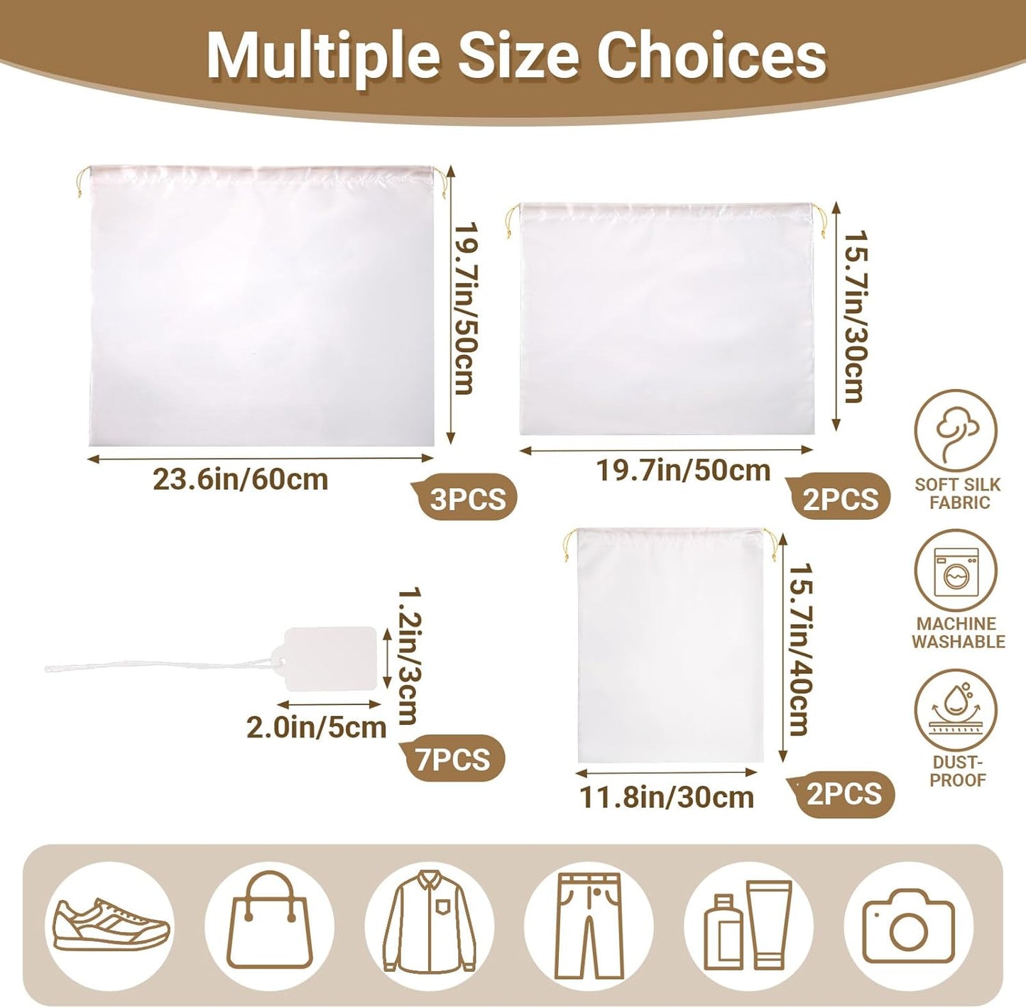 Ewen 7Pcs Dust Bags for Handbags, Satin Travel Dust Cover Bag, 2Pack 11.8x15.7in DustBag for Shoes, 2Pcs 19.6x15.7in Storage, Pack of 3 23.6x19.6in Bag for Purse, White Silk Cloth Bags with Drawstring