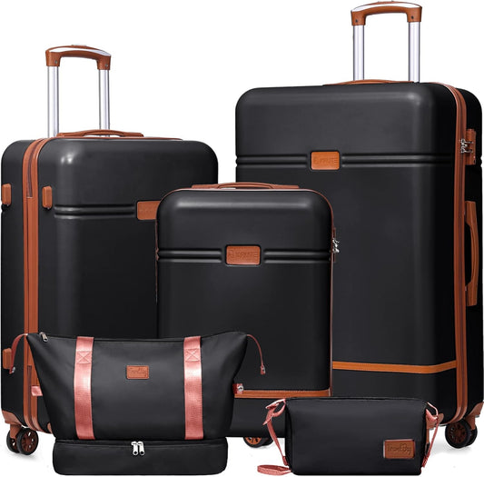 Krute Luggage Sets 5 Pieces Suitcase Set Hard Shell Carry On Luggage with Spinner Wheels TSA Approved Durable PC+ABS Hard Side Suit Case