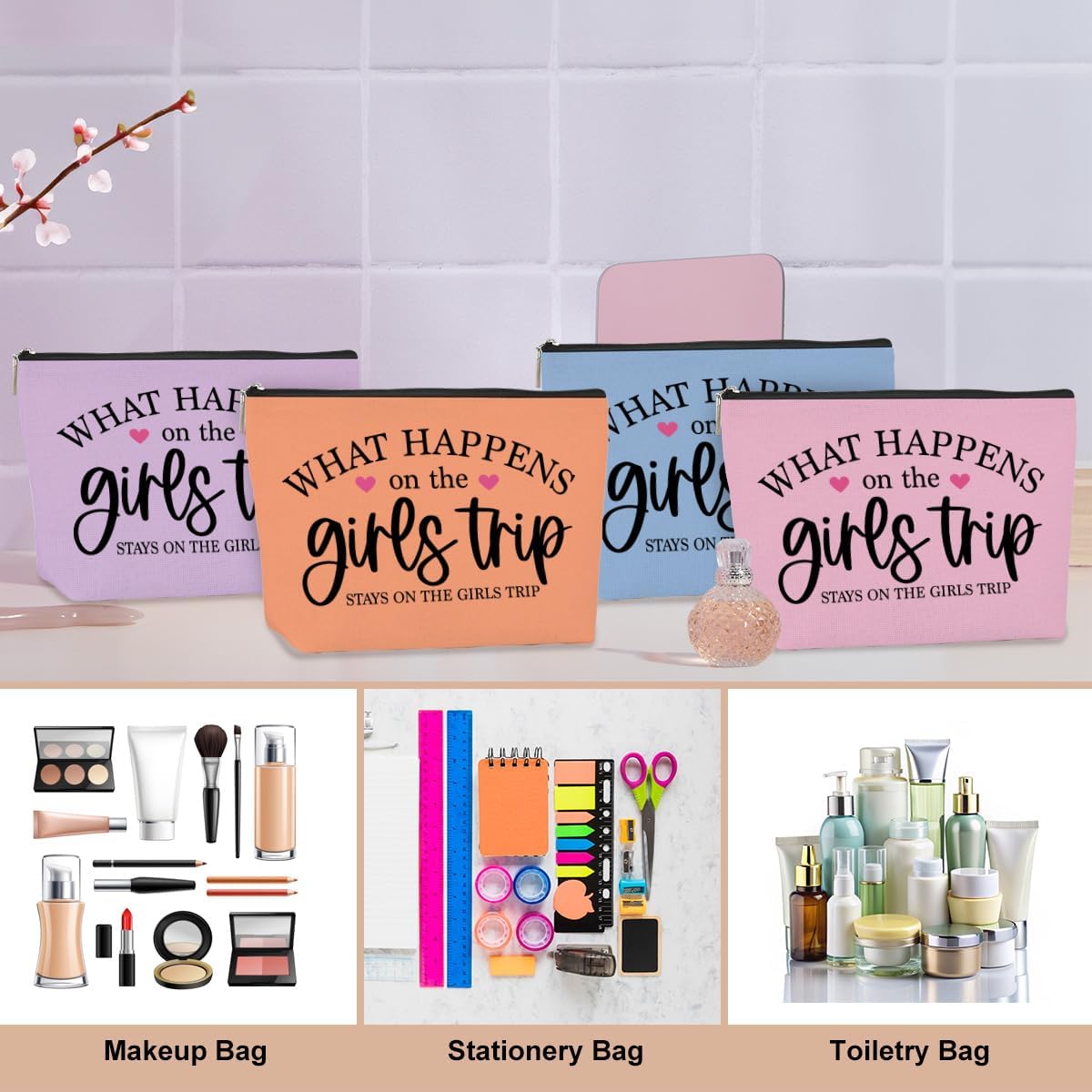 4PCS Girls Trip Cosmetic Bags - Waterproof, Durable Canvas - Perfect for Travel, Gifts for Women - Adults - Fashion Pattern - 9.8x7.2x2 inches