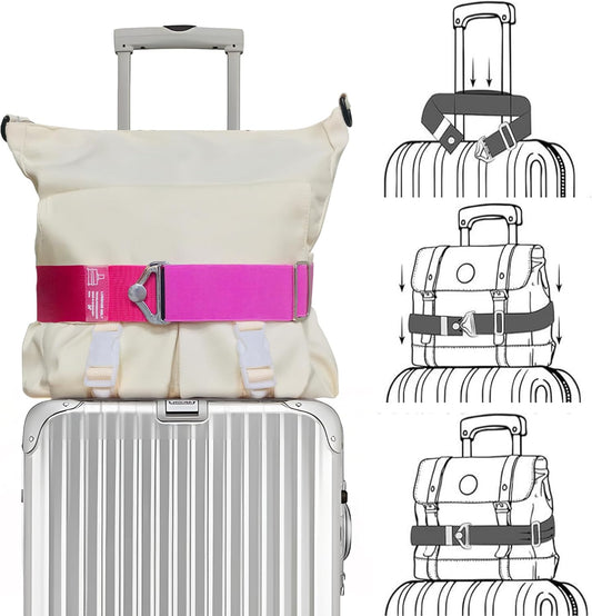 2-in-1 Travel Belt for Luggage Over Handle, Luggage Belt for Carry on Bag, Suitcase Straps, Add a Bag Bungees Luggage Straps Adjustable with Alloy Buckle,Hands-Free for Airport (Pink, 1 Pack)