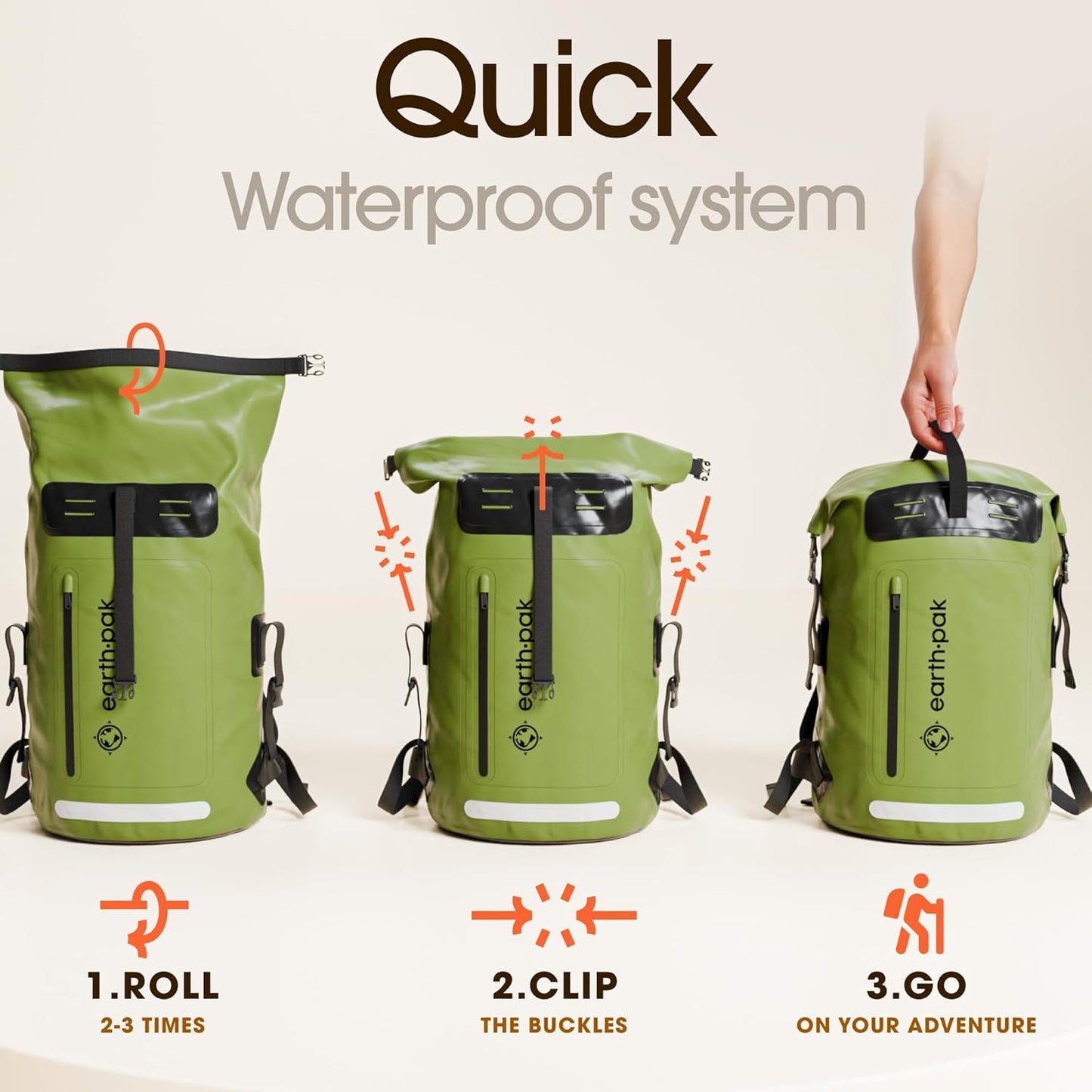 Earth Pak Waterproof Backpack - Heavy Duty Hiking Backpack - Roll-Top Closure Bag - Cushioned Dry
