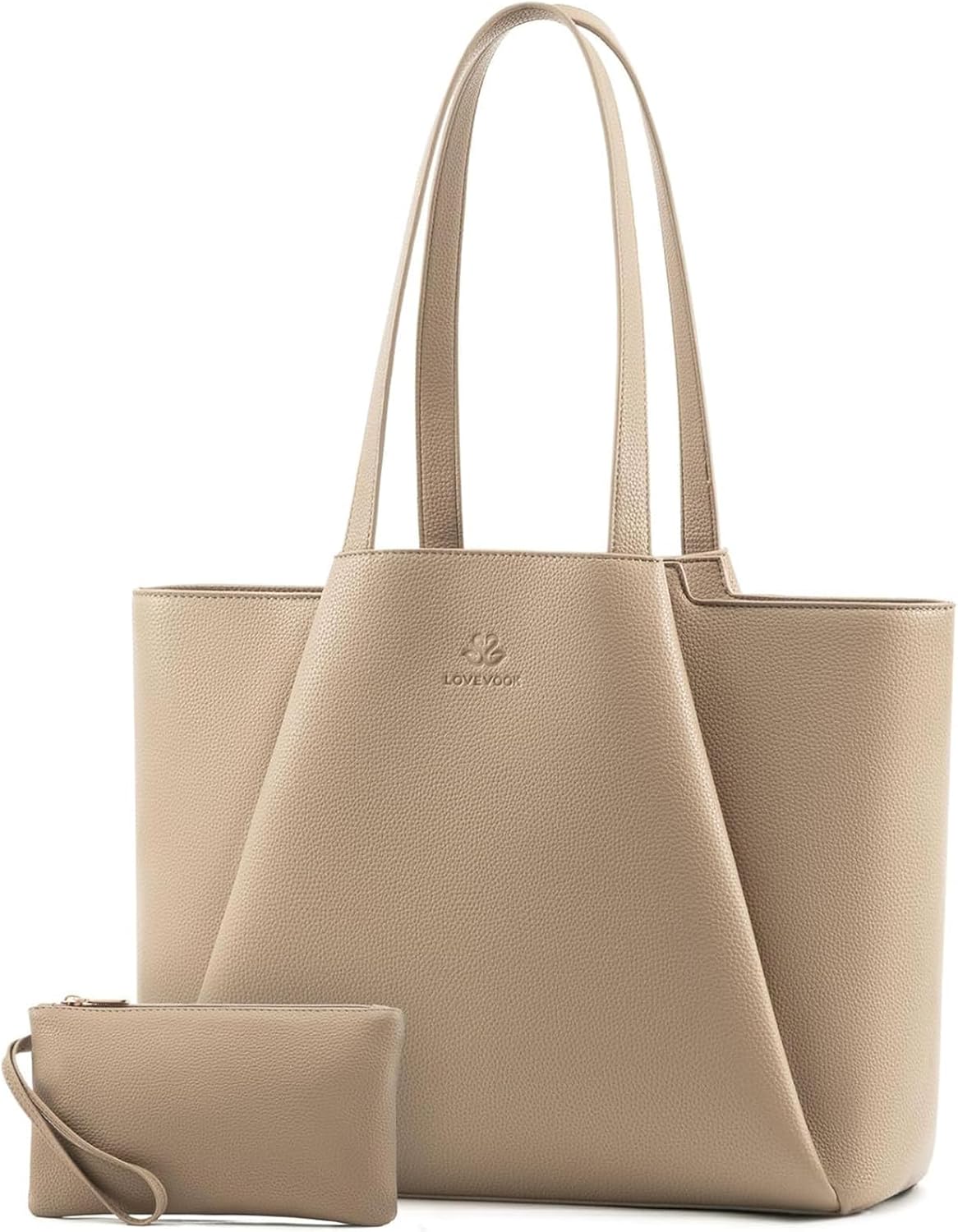 LOVEVOOK 17" Faux Leather Laptop Tote w/Clutch | Large Capacity Work Bag for Women | Business Travel | Sandy