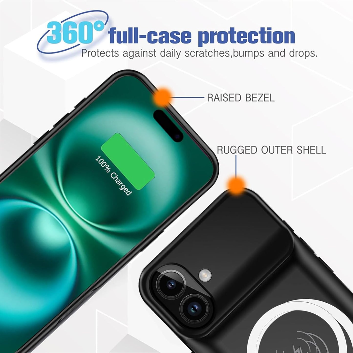 Battery Case for iPhone 16 Plus, Full Encircle 12000mAh High Capacity Rechargeable Portable Charger Case Extended Battery Pack for iPhone 16 Plus (6.7 inch) Wireless Charging Case with Carplay-Black