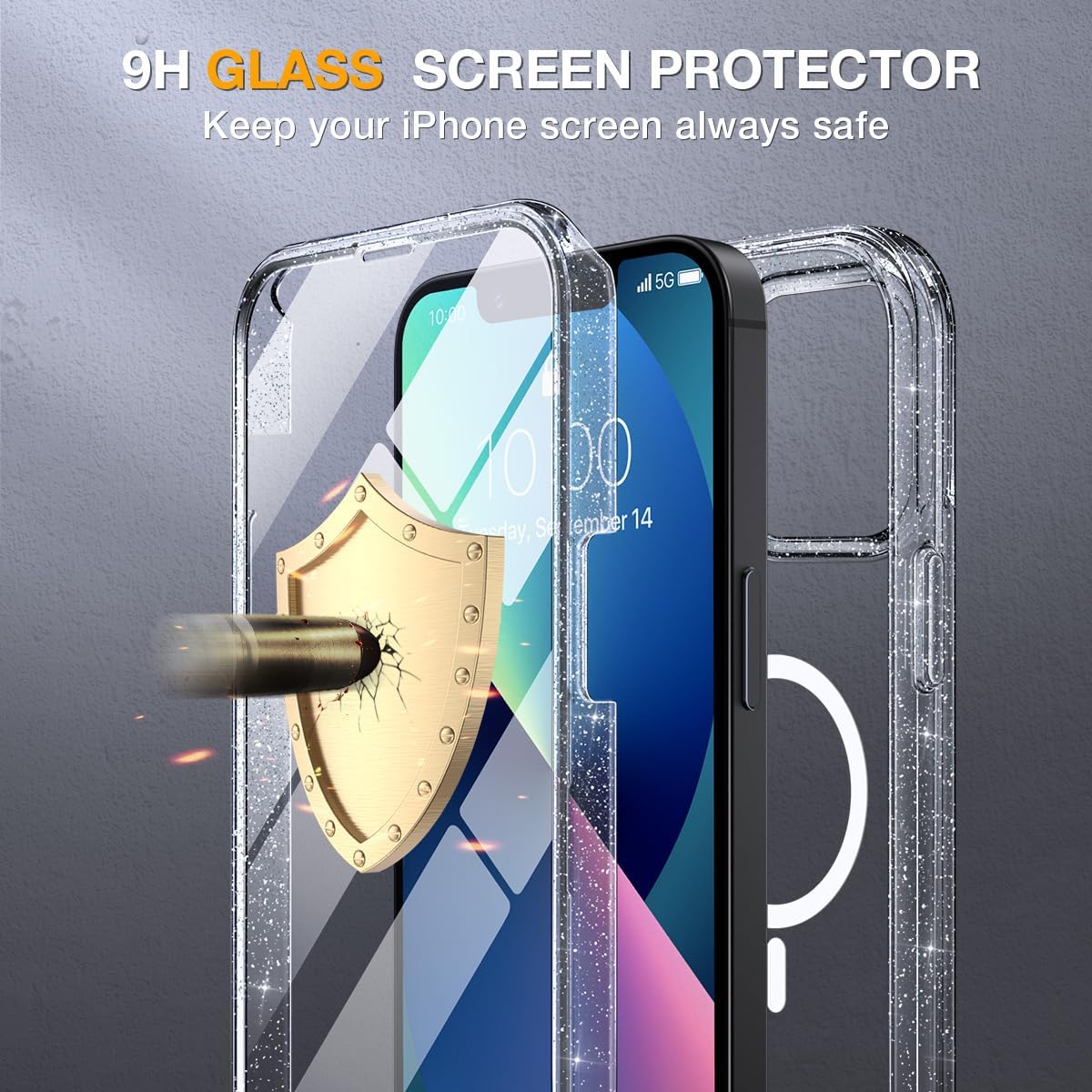 Miracase for iPhone 13 Case 6.1'', [Bubble Free] Full-Body Bumper Phone case with Built-in Full Glass Screen,No Gap,Compatible with MagSafe,Drop Proof 13 Cover,Clear Glitter