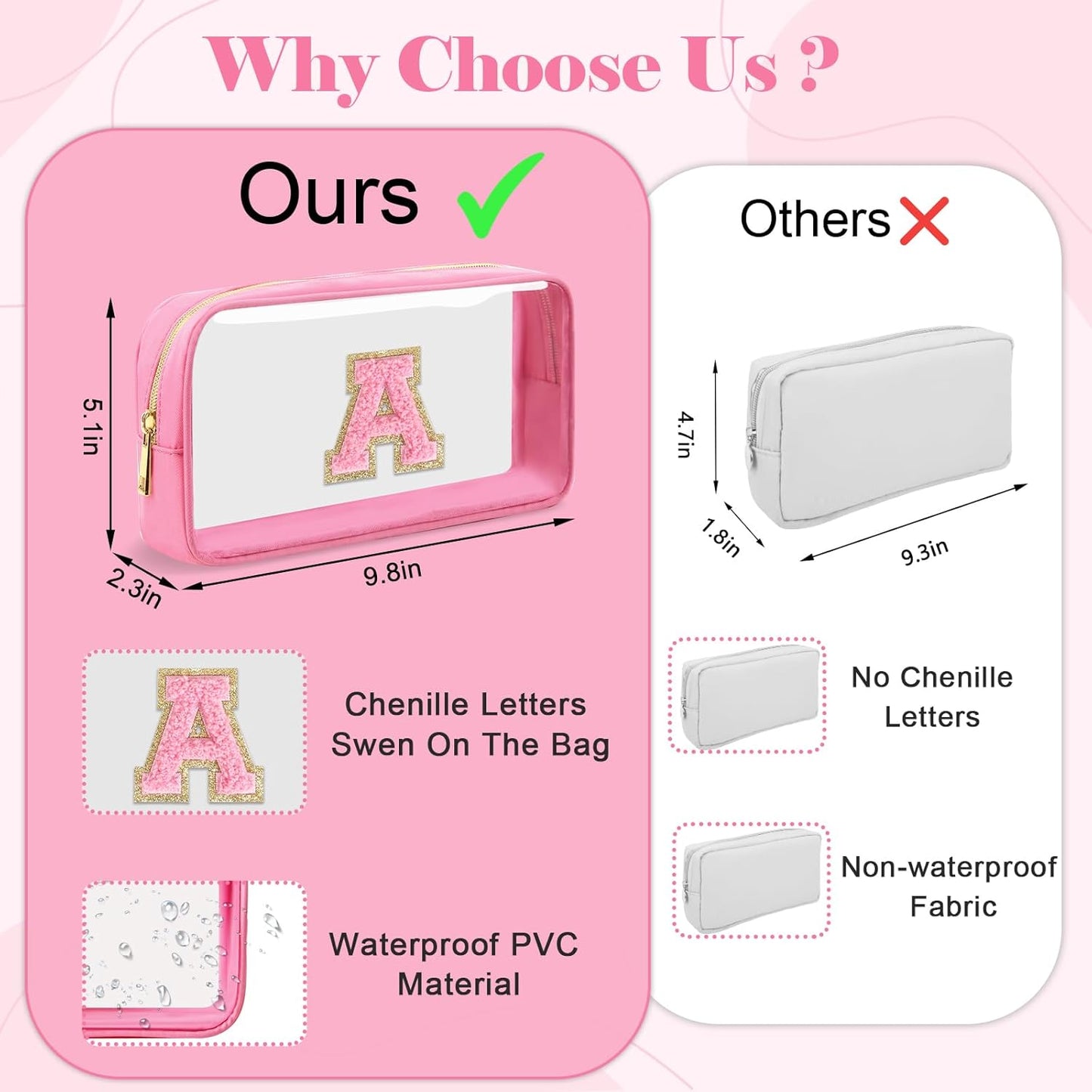 Personalized Initial Letter Clear Makeup Bag,Preppy Small Nylon&PVC Cosmetic Zipper Bag with