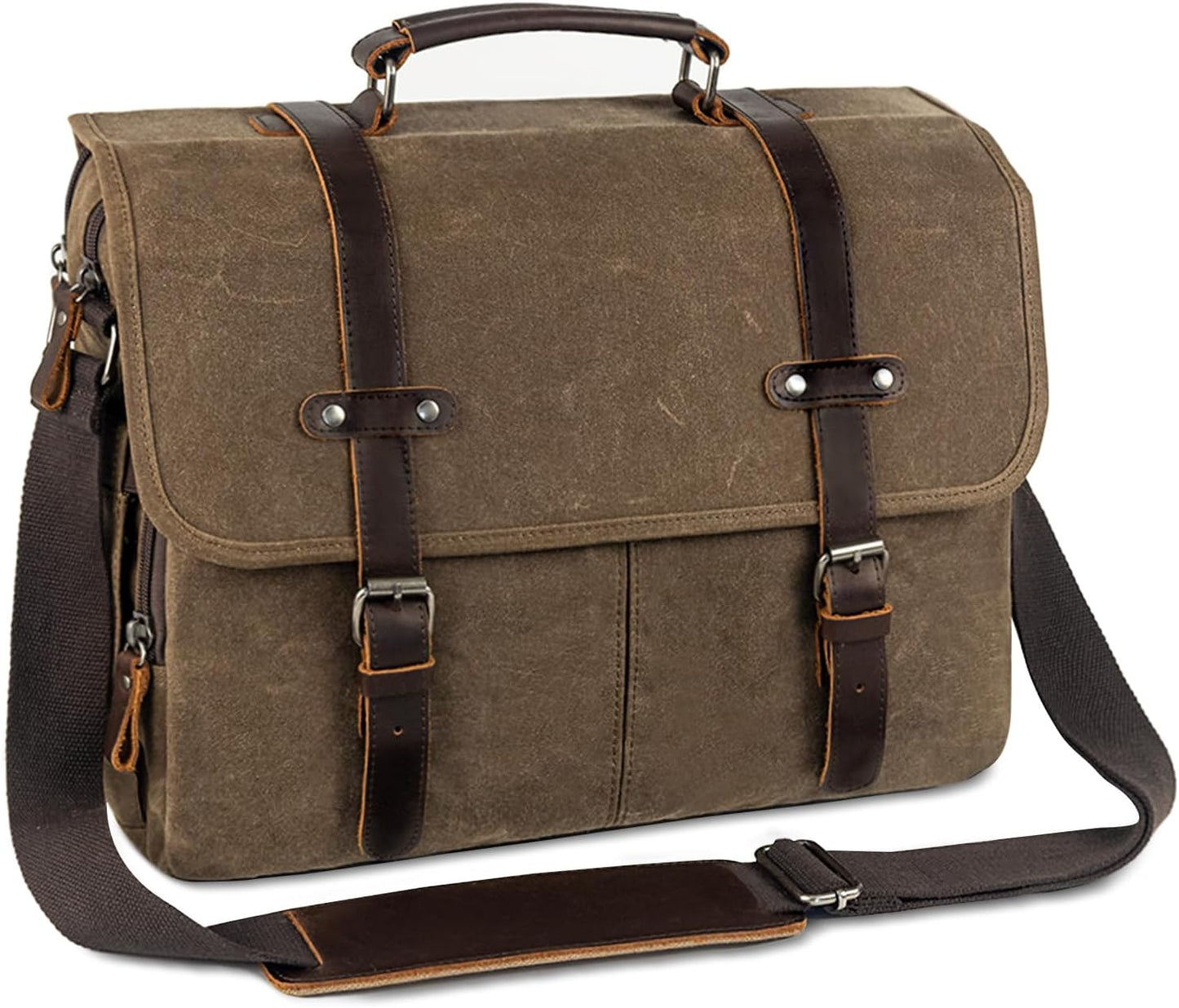 Wogarl 15.6" Messenger Bag for Men: Leather Waxed Canvas Briefcase Large Computer Laptop Bag Handbags Crossbody Bags for Work
