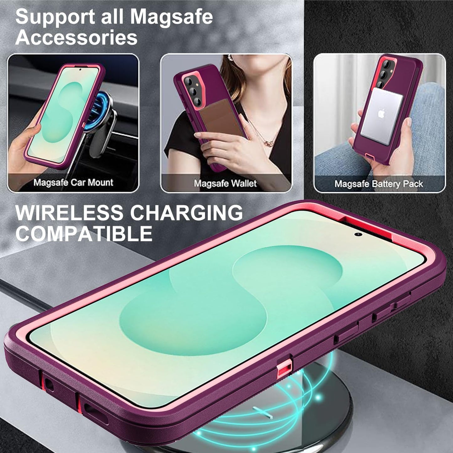 for Samsung Galaxy S25 Plus Case, Compatible with Magsafe, Military Grade 3 in 1 Heavy Duty Case with 2Pcs Tempered Glass Screen Protector & Camera Lens Protector (New-Purple/Pink)