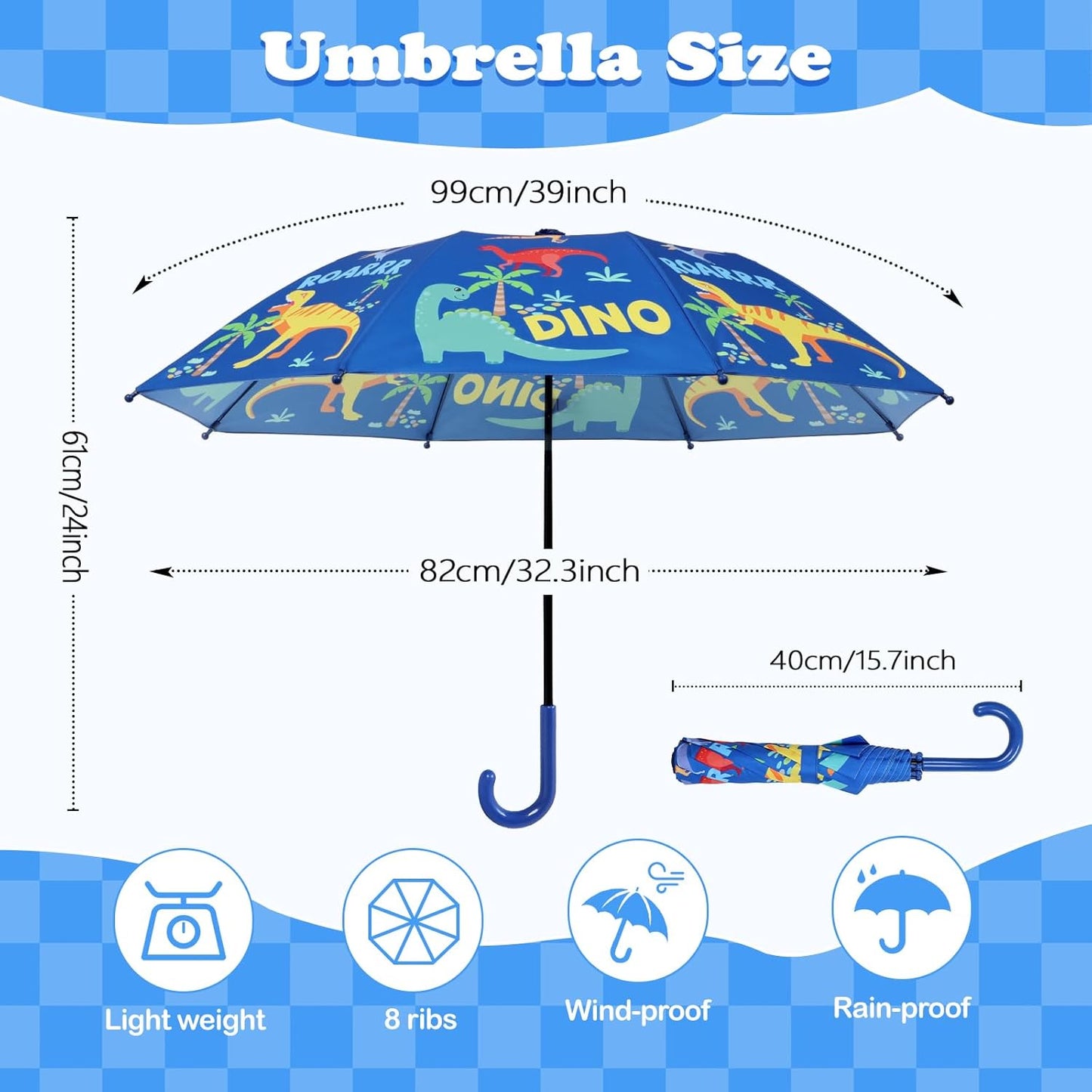 Kids Umbrella, Safety Windproof Umbrella with Easy-Grip Hook Handle for Toddler Girls and Boys