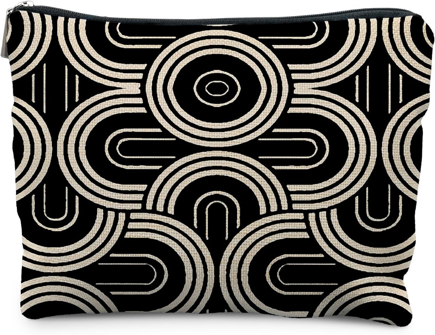 Abstract Beige and Black Makeup Bag, Modern Minimalist Art Deco Cosmetic Bags for Women, Mid Century Modern Zipper Makeup Pouch
