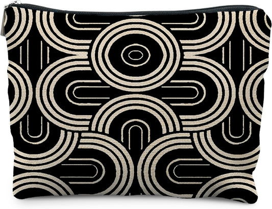 Abstract Beige and Black Makeup Bag, Modern Minimalist Art Deco Cosmetic Bags for Women, Mid Century Modern Zipper Makeup Pouch