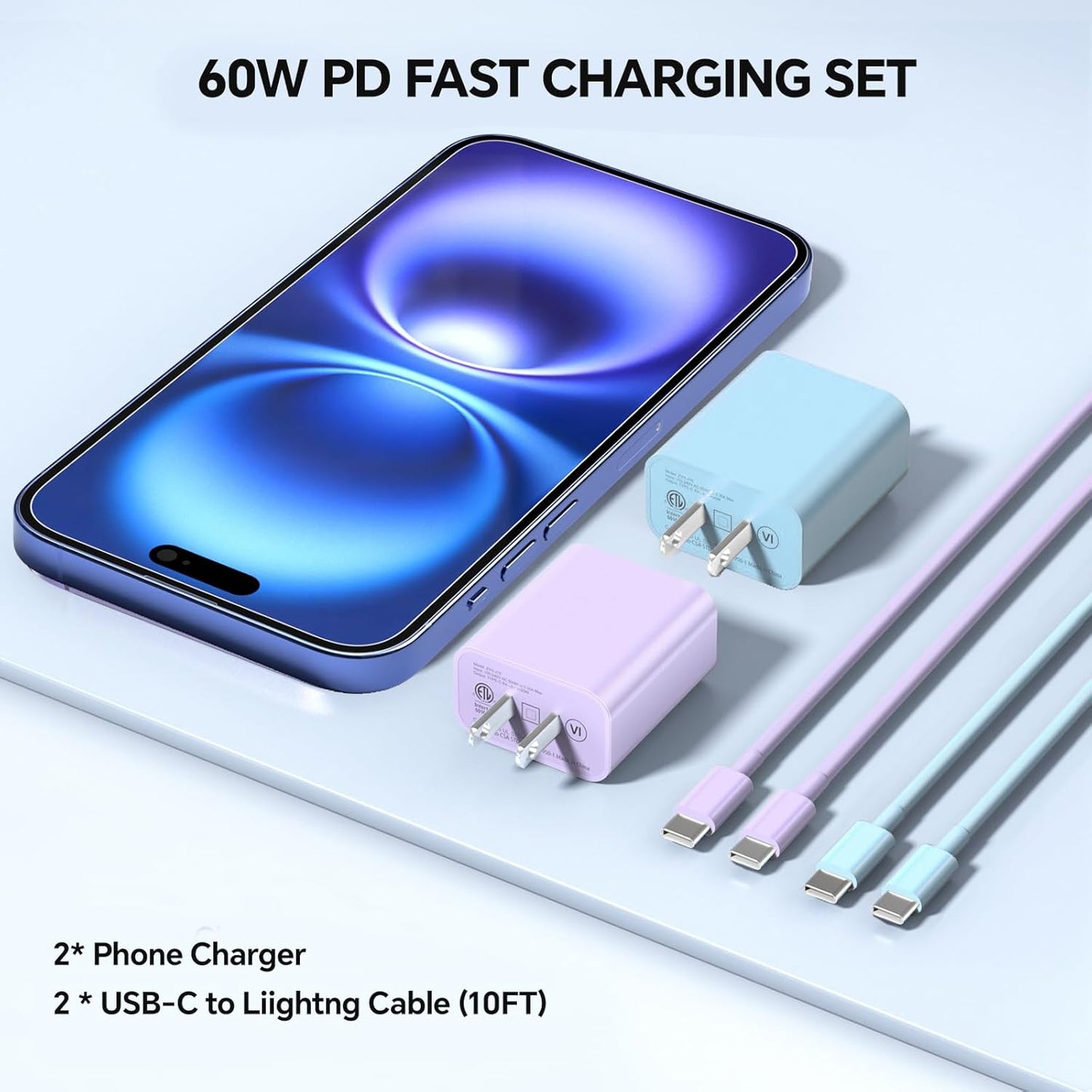 USB C Fast Charger, 2Pack 20W Type C Wall Charger Block and 60W 10FT i Phone Fast Charging Cord, Compatible with i Phone 15/16/17 Pro/Plus/Pro Max/ - Purple Blue