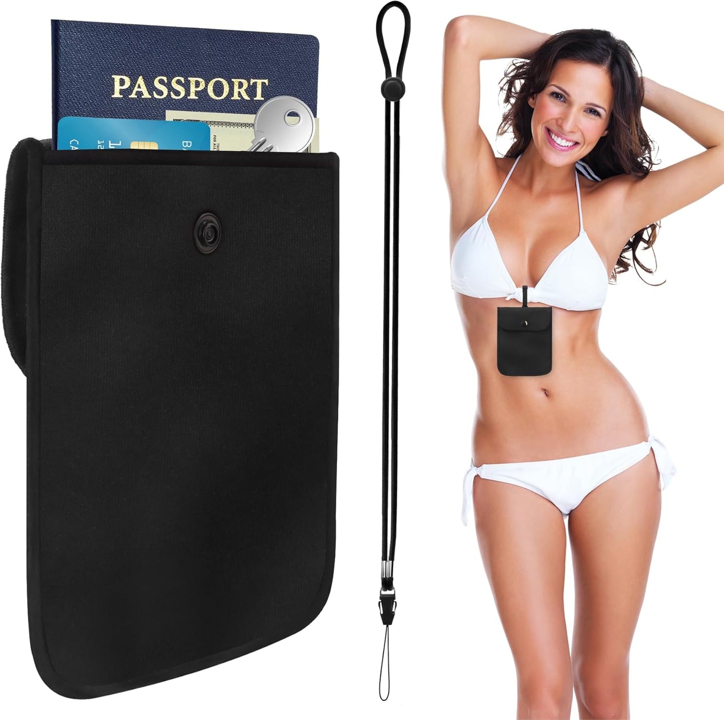 Bra Wallet Women Travel with Adjustable Elastic strap and Lanyard, Perfect Hidden Secret Pocket Protect Your Passport Credit Cards Valuables (Large Black)