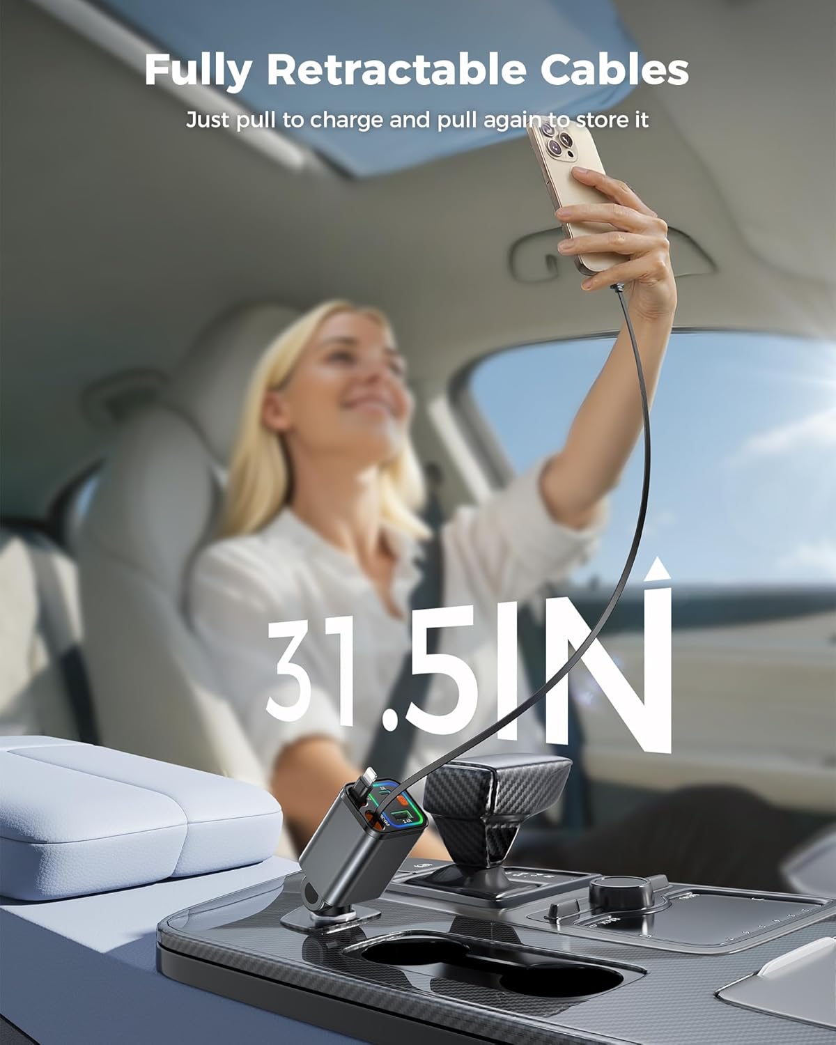 Retractable Car Charger 84W, 4-in-1 Fast Car Charger with Retractables 2.6ft, Cigarette Lighter Charging Block USB+USB C Cube for iPhone 13 14 15 16 17 Pro Max,Plus,Samsung Galaxy,Pixel
