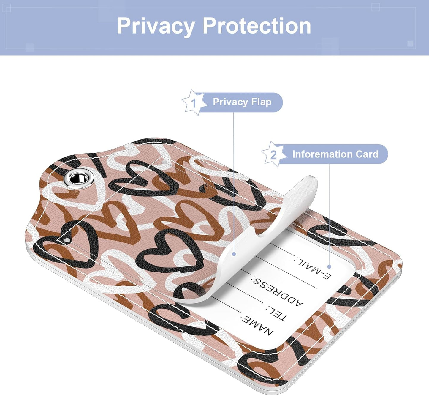 2 Pack PU Leather Luggage Tags for Suitcase, Travel Cruise Luggage Tag with Privacy Flap, Name ID Label and Metal Loop for Women Men Baggage Handbag School Bag Backpack, Heart Leopard
