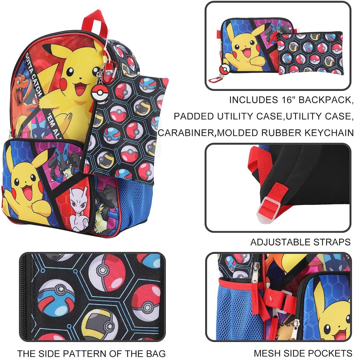 Bioworld Pokemon Trainer Gotta Catch 'Em All Youth 5-Piece Backpack Set