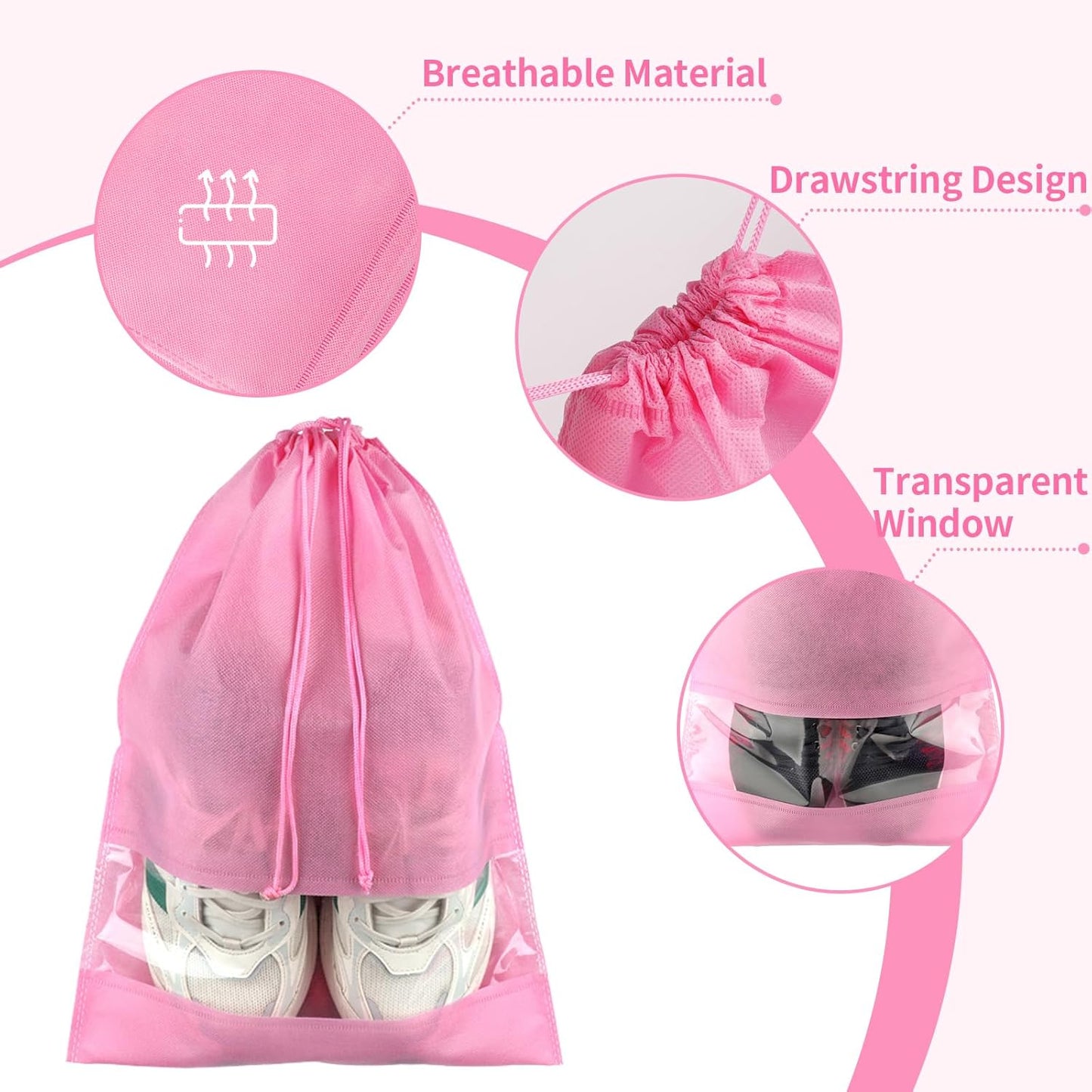 Large Pink Travel Shoe Bags - 10 Pcs, Non-Woven Drawstring with Clear Window (12.6" X 17.3")