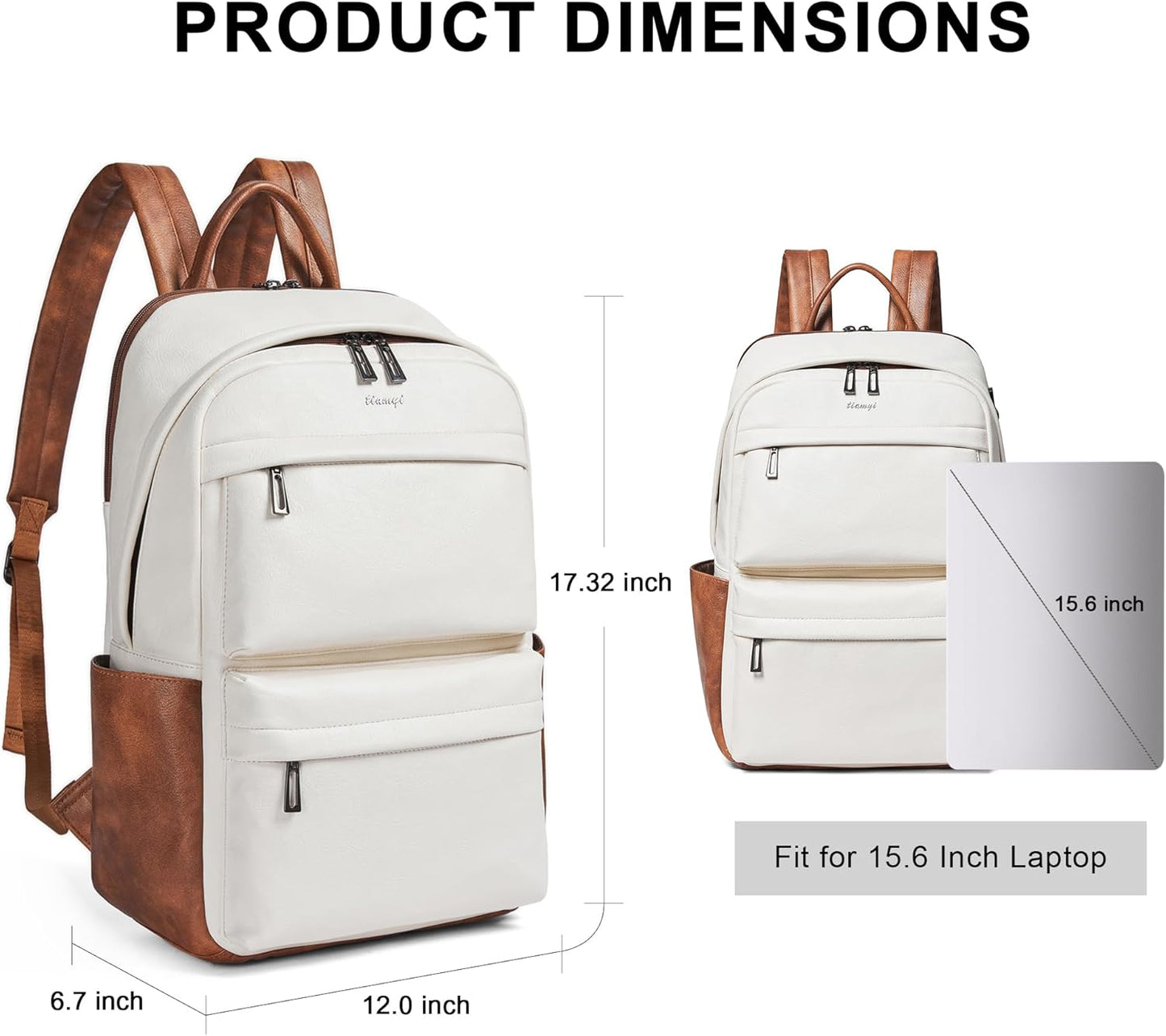 Leather Laptop Backpack for Women, Fits 15.6 Inch Laptop, Leather Backpack with 2 Water Bottle Pockets, Hidden Zipper and Luggage Strap, Ideal for Work, Travel, College, Everyday Use, Beige