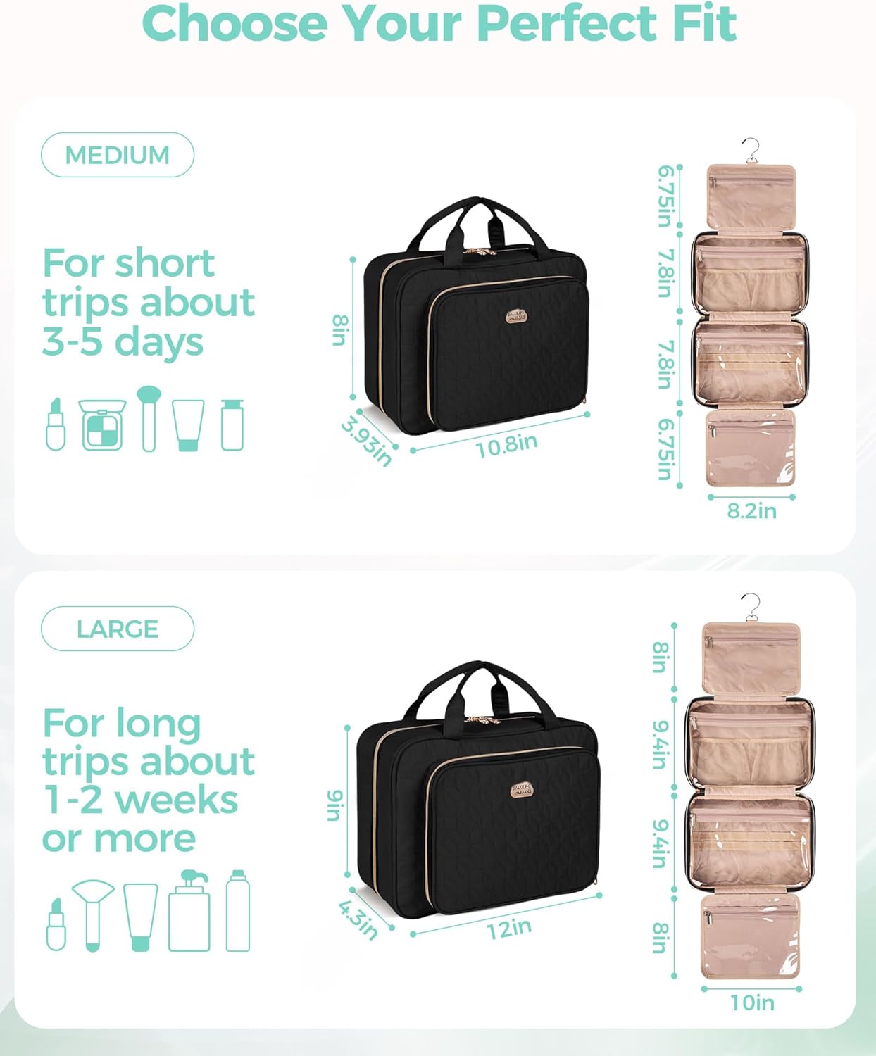 Travel Hanging Toiletry Bag for Women,Makeup Bag Cosmetic Organizer Waterproof with Hanging Hook Multiple Pockets for Women Travel Essentials Black