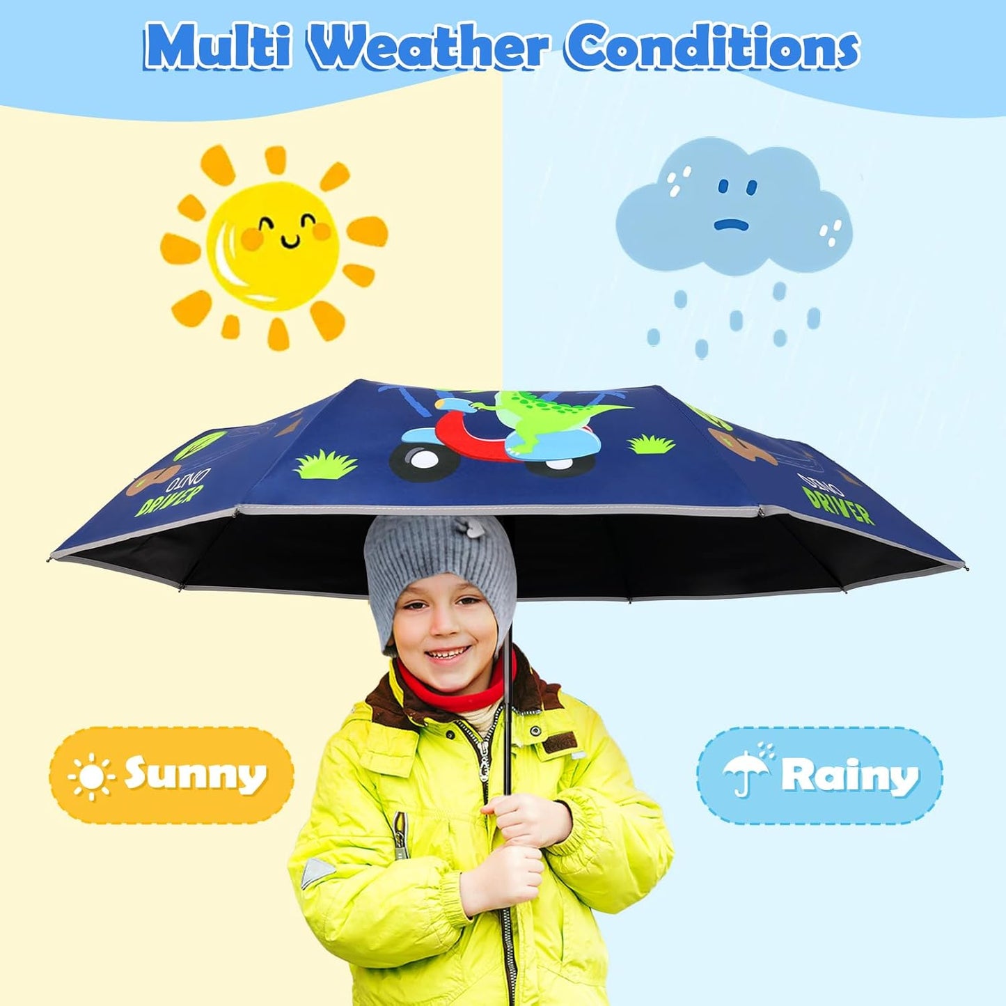Kids Folding Umbrella Auto Open/Close Anti-rebound Safe Design UV Resistant Automatic Children Travel Umbrellas 8 Rib Reinforced Canopy 360° Reflective Strip Lightweight Cute Umbrella for Girls & Boys