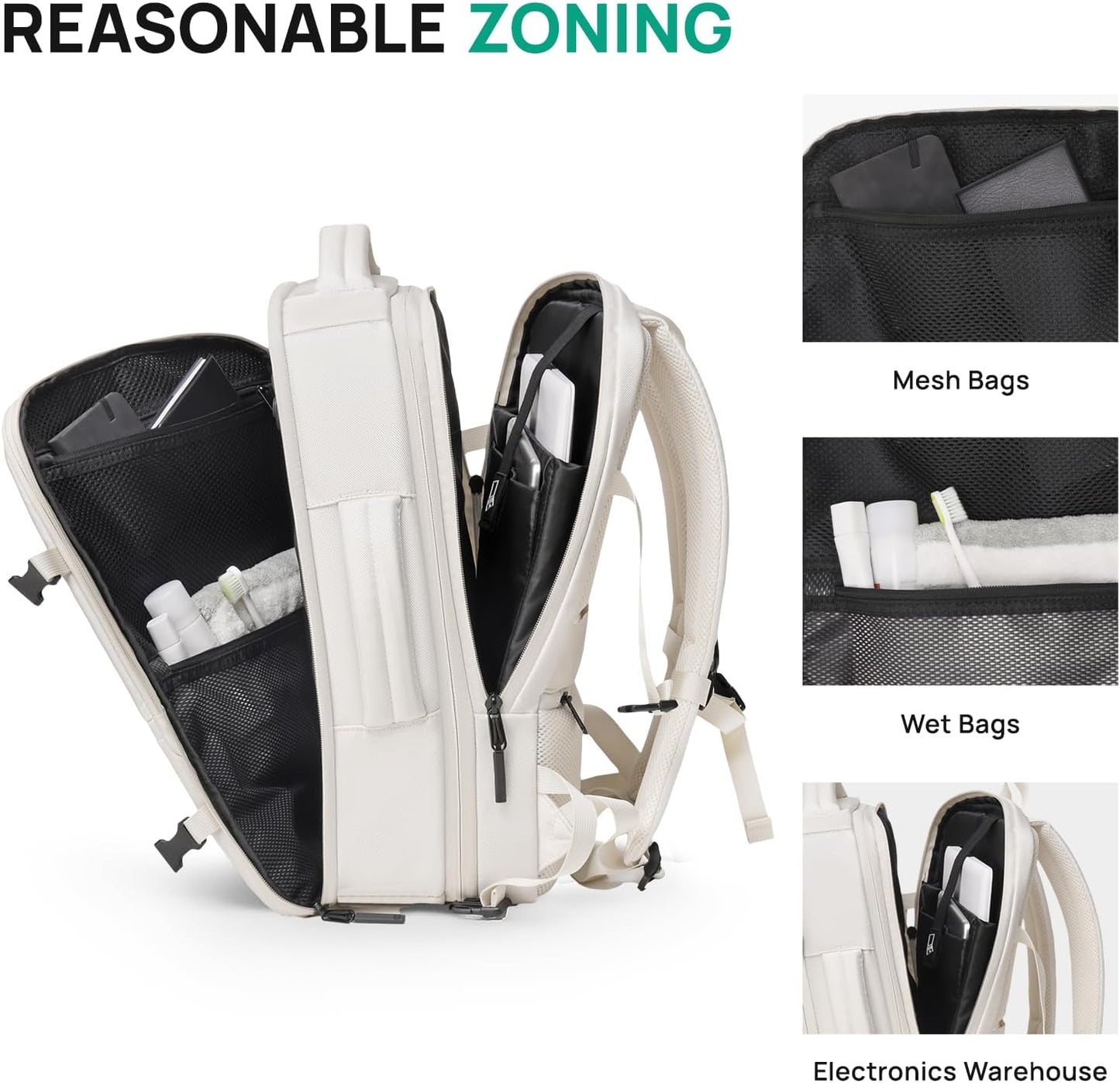 Dinictis Vacuum Seal Travel Backpack 60L Built-in Pump, Expandable Backpack with Vacuum Compression fits 17 inch Laptop, Waterproof Carry On Suitcase Luggage suit for Short Trip and Business-Beige
