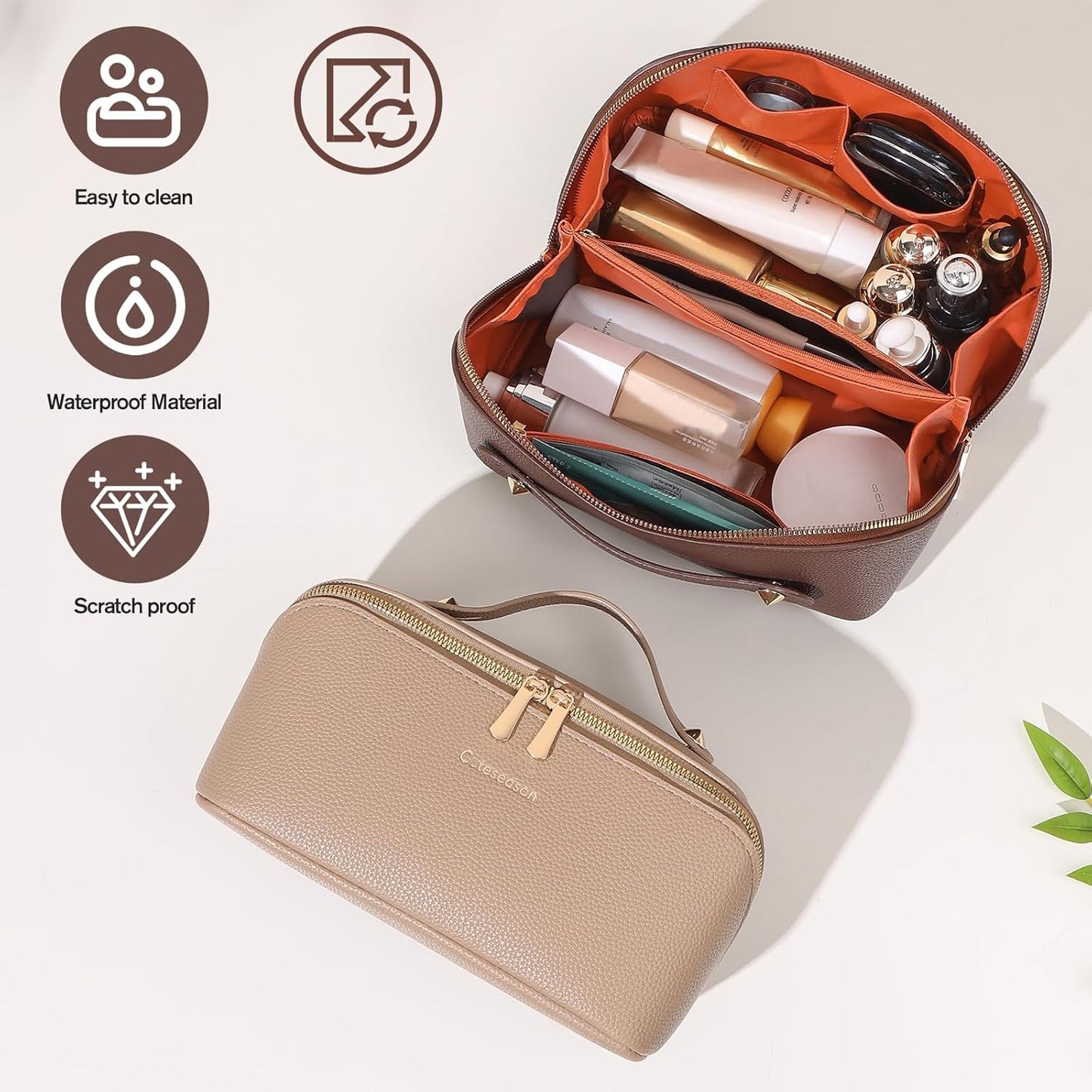 Makeup Bag, Travel Toiletry Bag for Women, Large Capacity Waterproof PU Leather Cosmetic Bags Make
