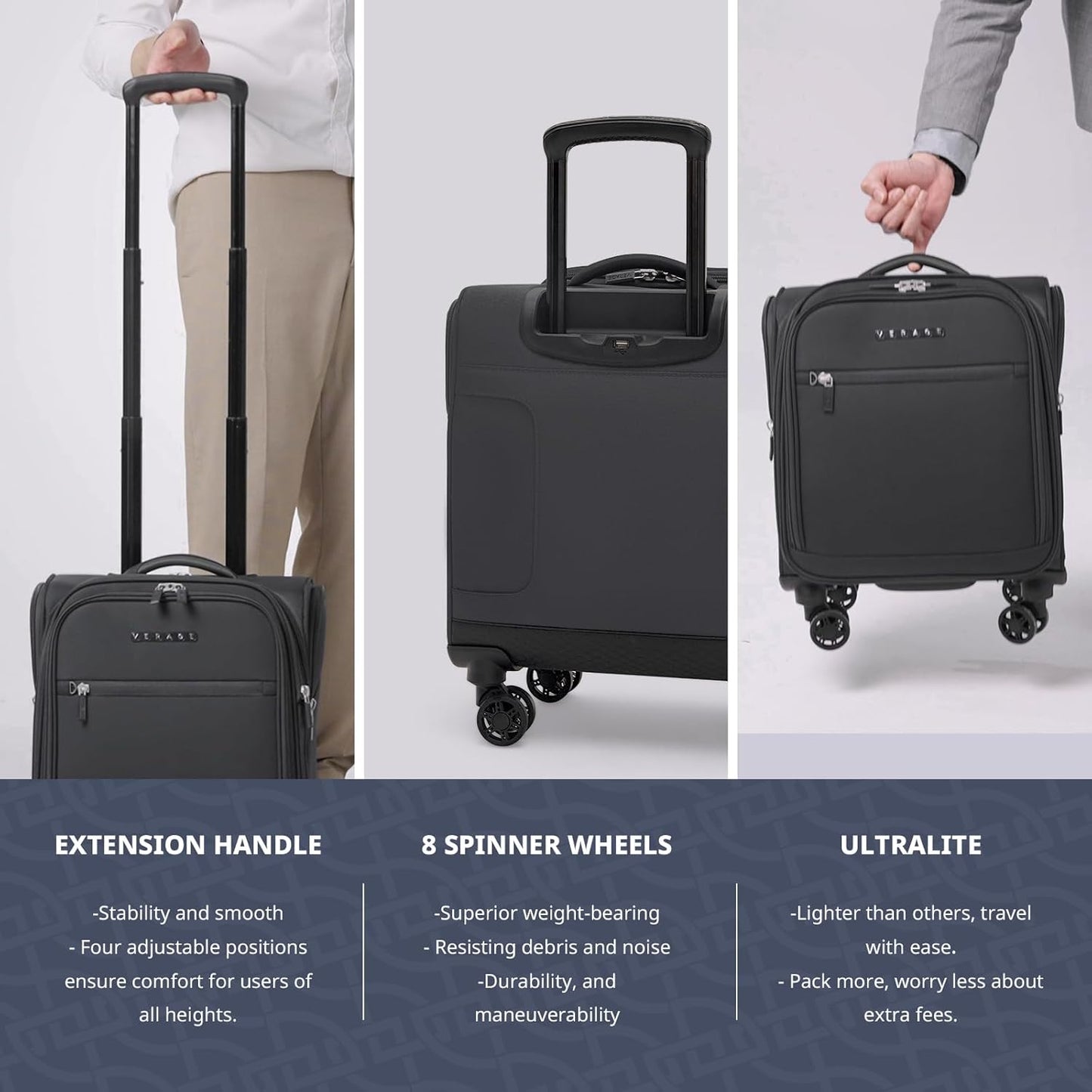 Verage Underseat Carry On Luggage with Wheels & USB Port,14 inch Wheeled Spinner Bag Carry-on Luggages for Airlines, Lightweight Suitcase Men Women, Pilots and Crew (14.5-Inch Plus Underseat Pro)