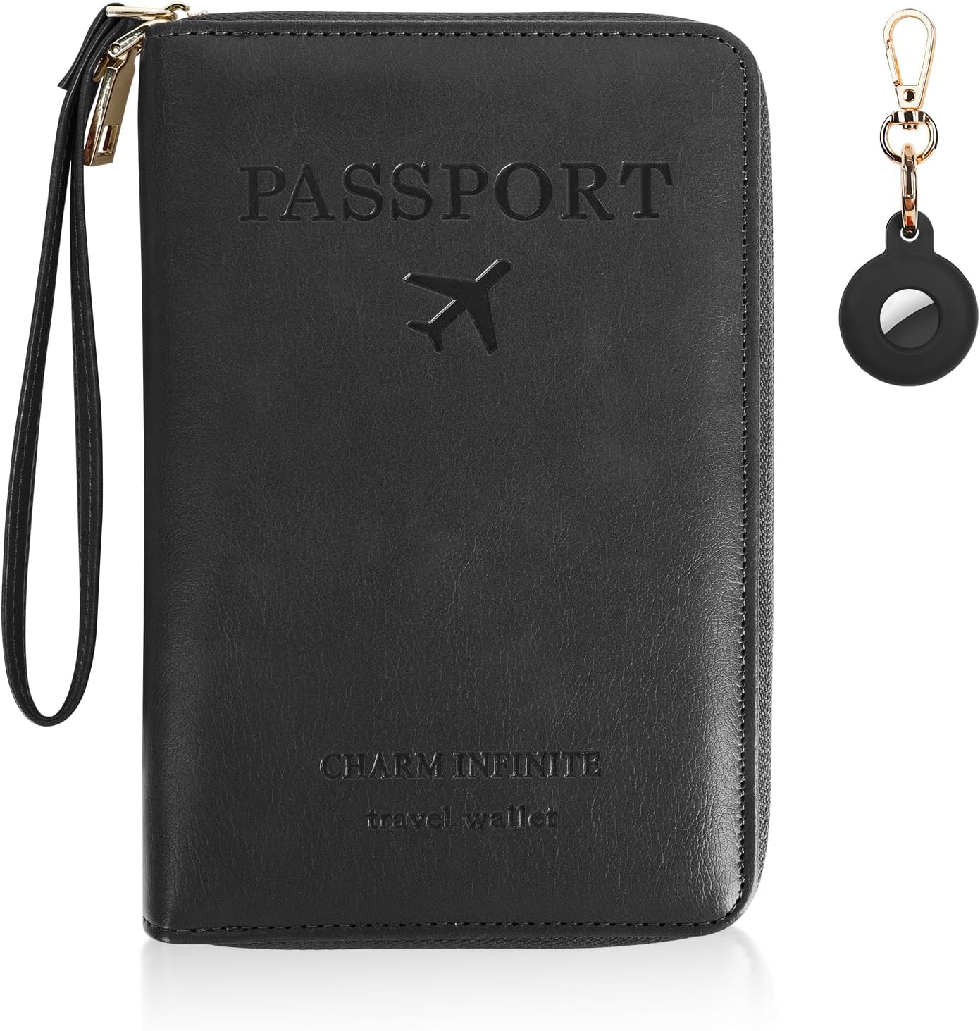 Passport Holder Wallet with Tracker Case, RFID Blocking PU Leather Passport Cover, Travel Document Organizer Wallet for Men and Women (Black)