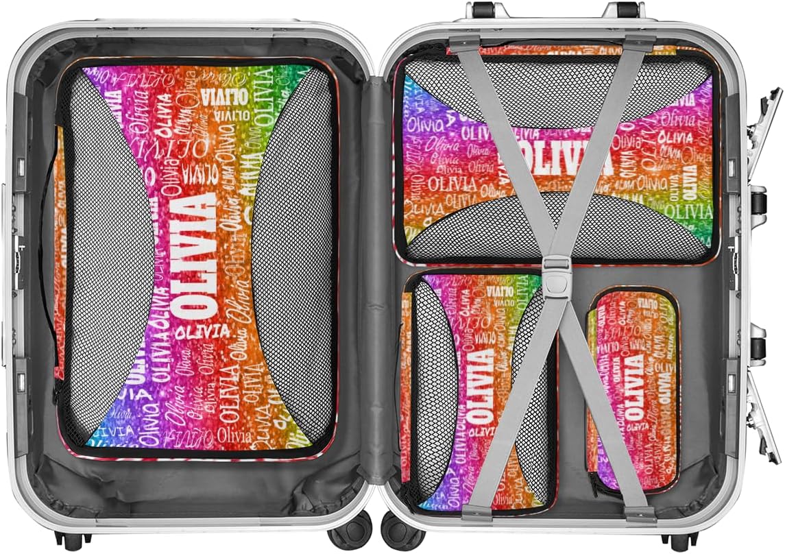 Personalized Name 4 Set Packing Cubes Luggage Packing Organizers Travel Accessories for Women Girls, Bright Colorful Rainbow Red Green Purple Sequins Glitter