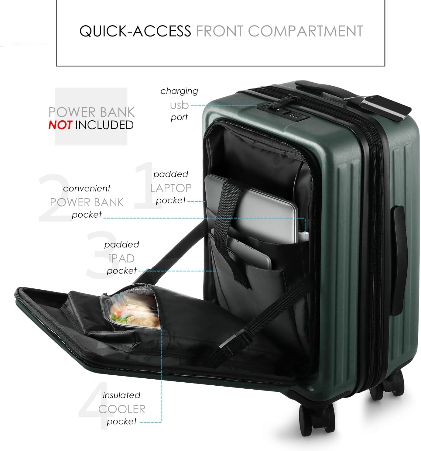 22 Inch Carry On Luggage 22x14x9 Airline Approved, Carry On Suitcase with Wheels, Hard-shell Carry-on Luggage, Durable Luggage Carry-On, Green Small Suitcase with Cosmetic Case