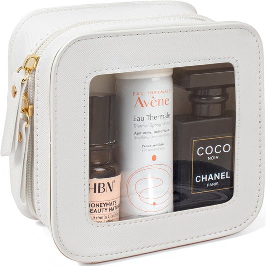 Small Clear Makeup Bag Travel Cosmetic Case Transparent Toiletry Bag with Zipper, Portable Make Up Bag Organizer Traveling Car Accessories for Women(White, Mini)