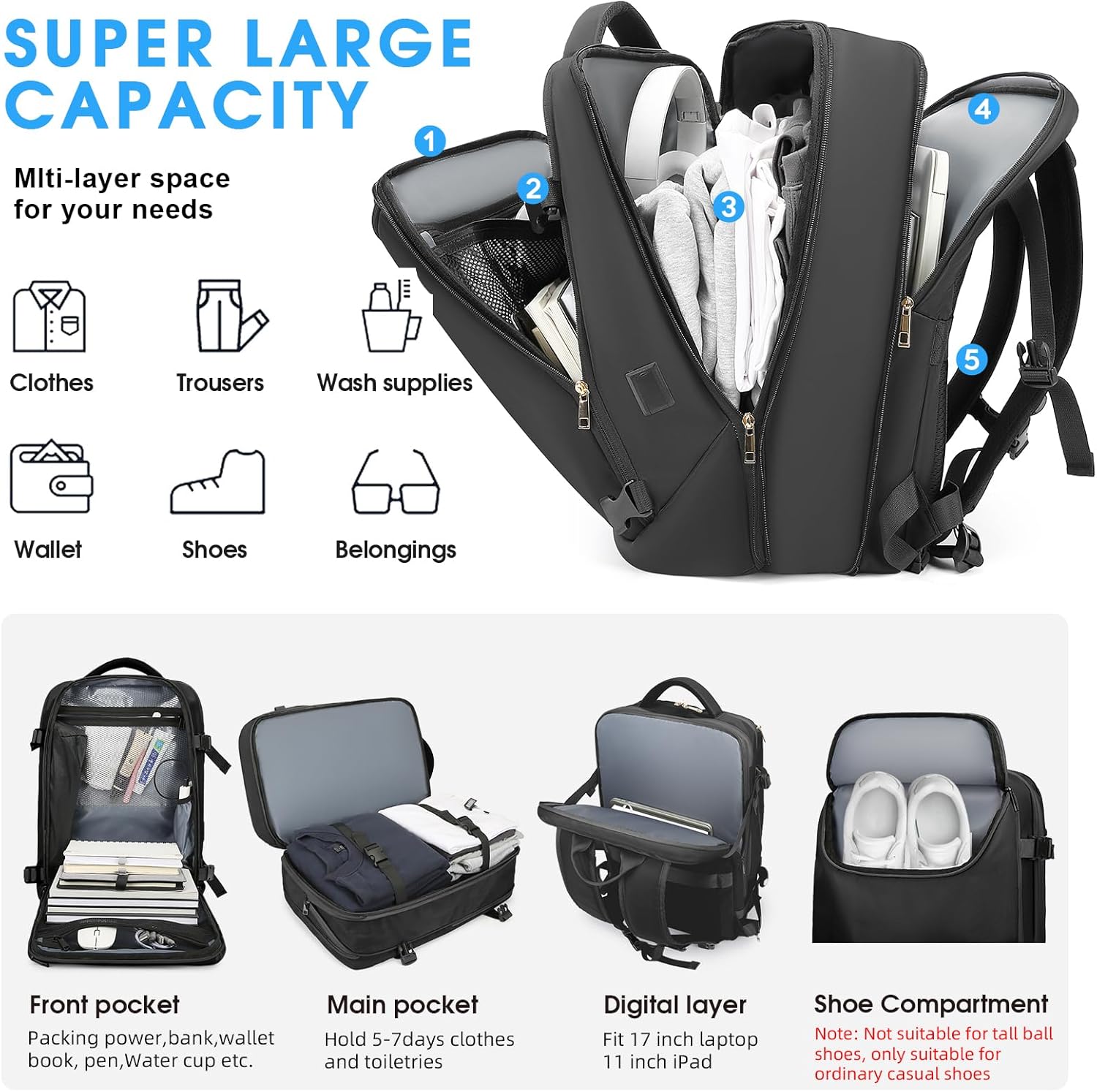 Travel Backpack for Women, 50L Extra Large Capacity Backpack with USB Charging Port, Expandable