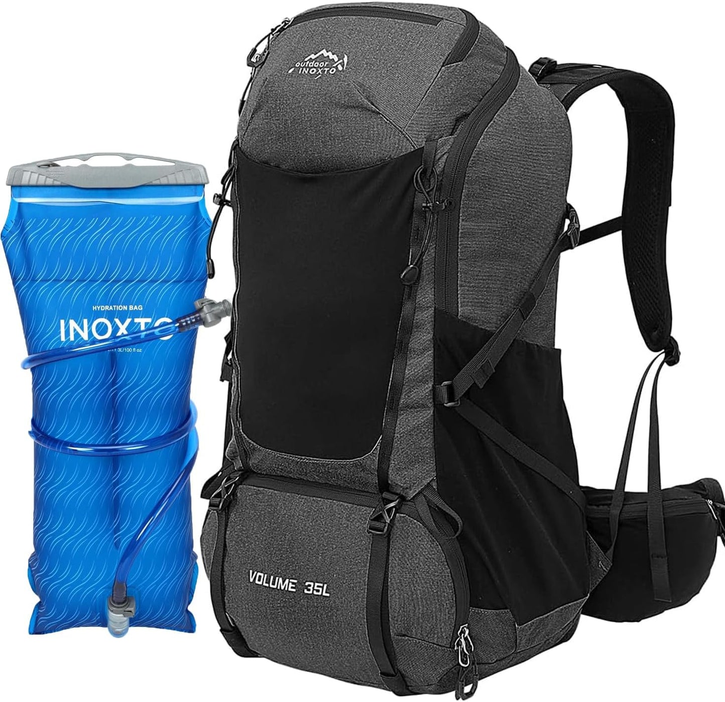 INOXTO 35L Hiking Backpack with 3Lwater bladder, Camping Backpack with Waterproof Rain Cover for Men, Outdoor Sport Travel Daypack for Climbing (Black grey)