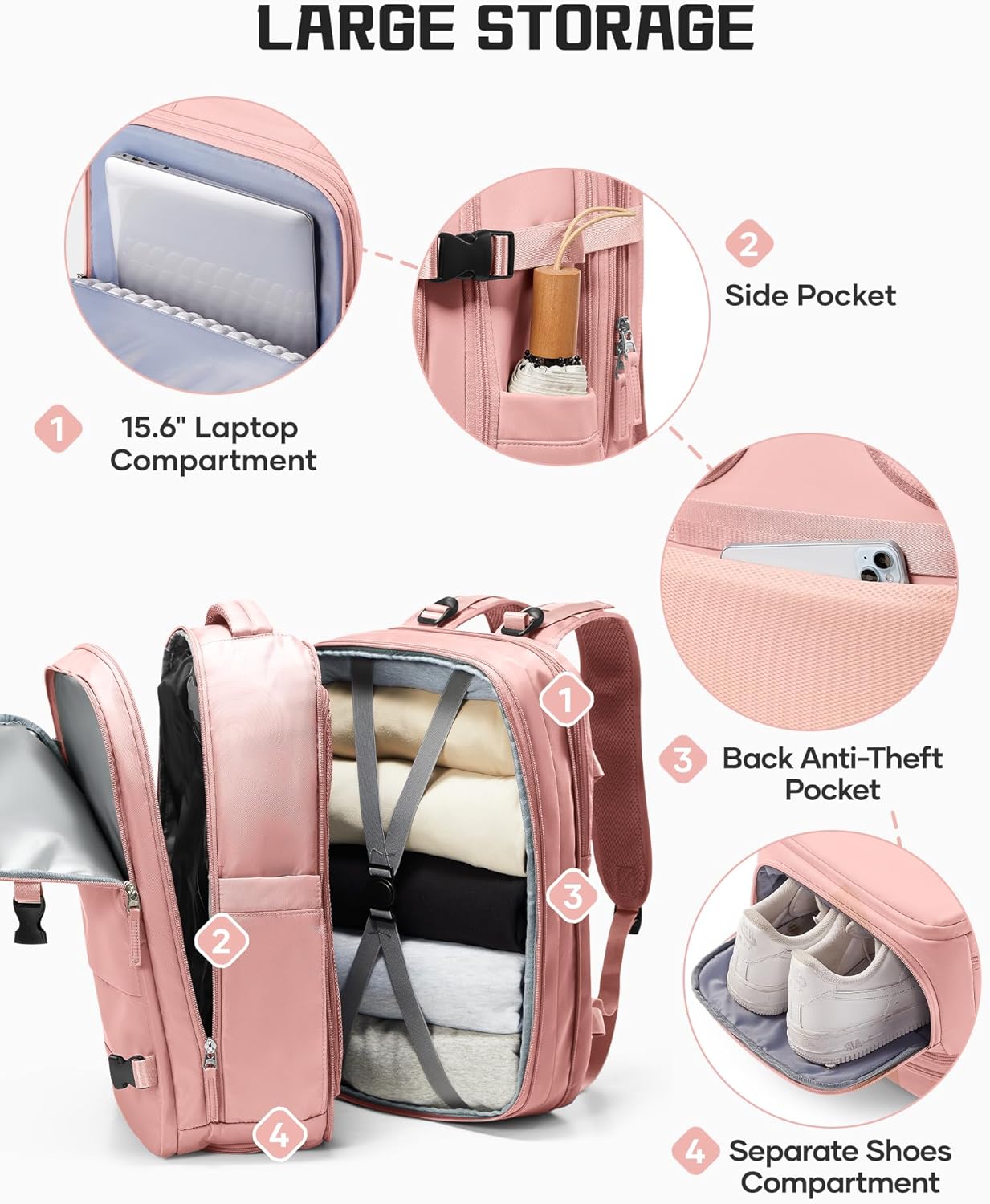 Vacuum Compression Travel Backpack with Electric Pump, Expandable Carry-On Size, Airline Approved Under Seat Bag, Laptop Compartment & USB Charging, Pink