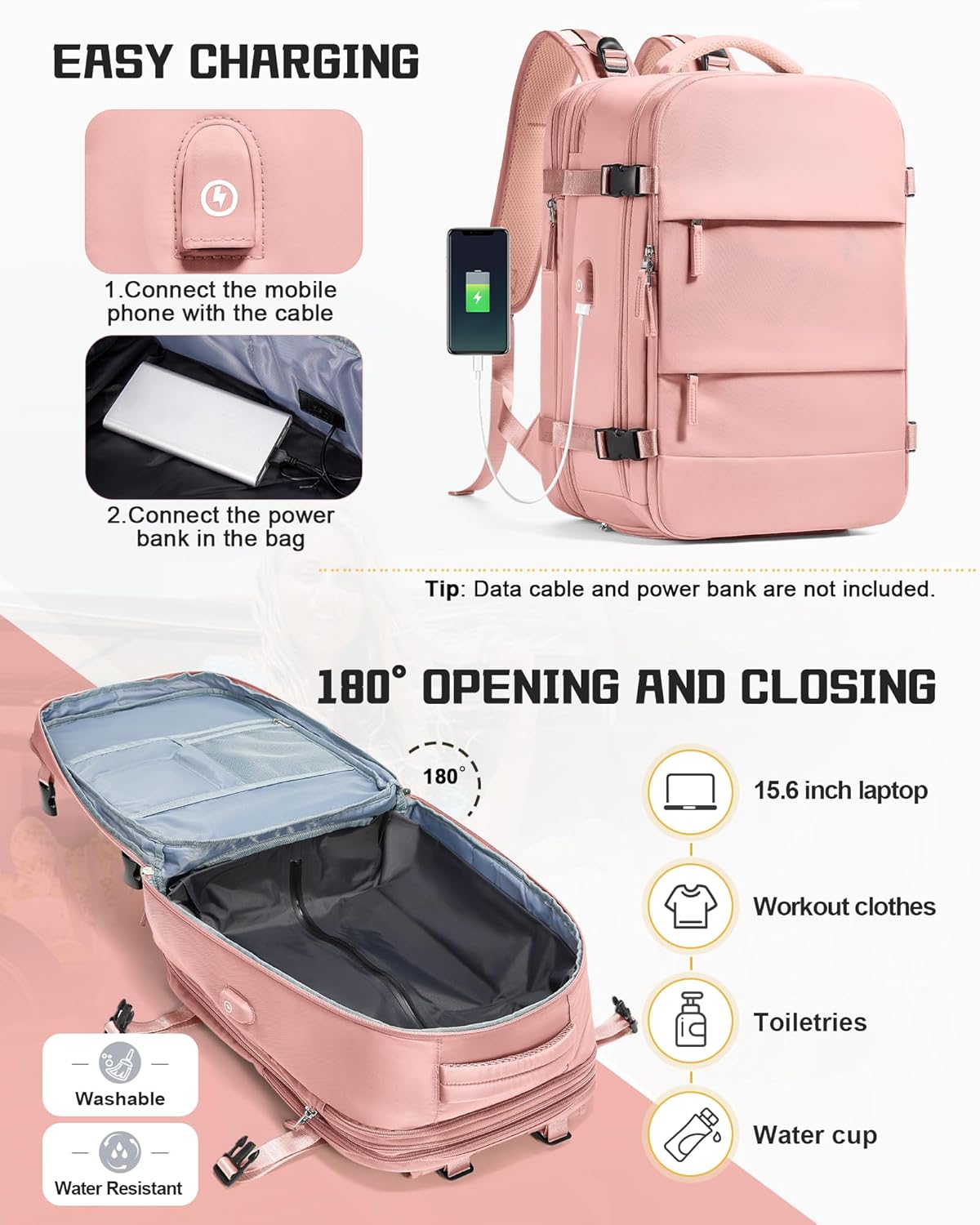 Vacuum Compression Travel Backpack with Electric Pump, Expandable Carry-On Size, Airline Approved Under Seat Bag, Laptop Compartment & USB Charging, Pink
