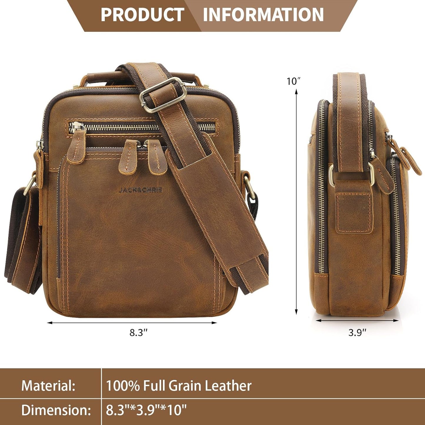 Jack&Chris Leather Messenger Bag for Men, Man Purse Crossbody Bags for Work Business