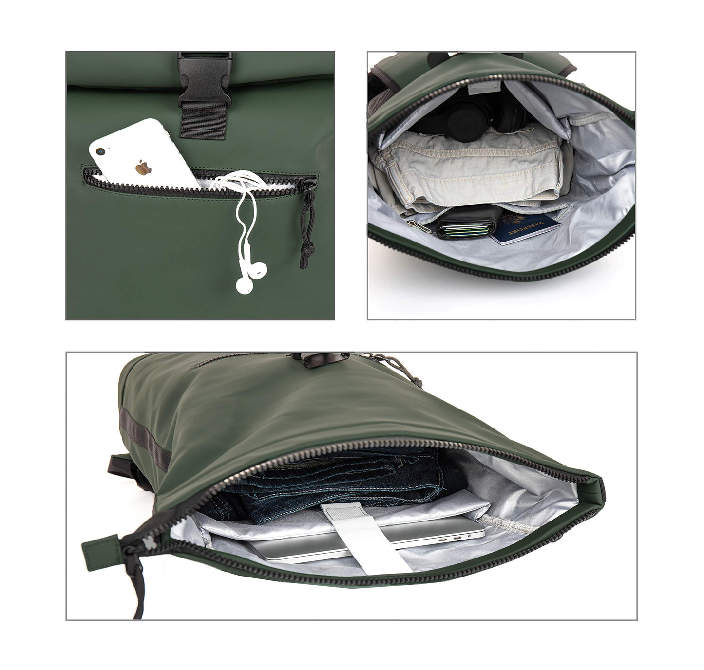 X RAY Roll Top Laptop Backpack for Men Women, PU Leather Expandable Roll Up Backpack Capacity