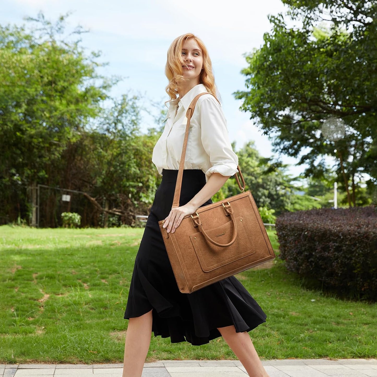 LOVEVOOK Laptop Tote Bag for Women, 15.6 Inch Work Bags, Vintage Leather Tote Bag, Waterproof